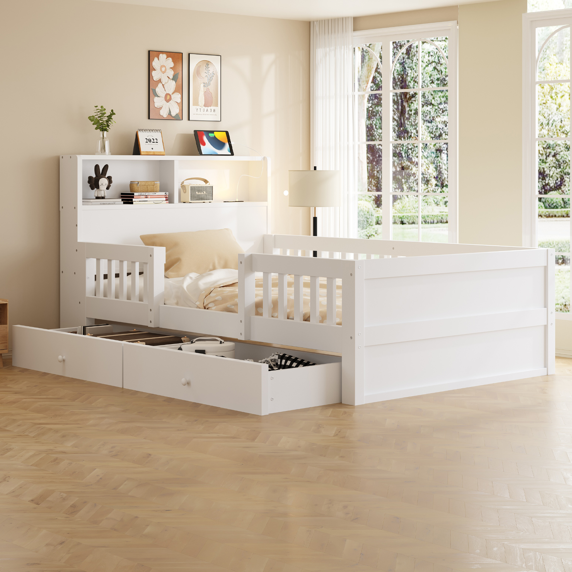 Lit enfant 90 x 190 cm, 2 tiroirs, éclairage LED intégré à la tête de lit, USB et USB-C, bois de pin, blanc, 205 x 95 x 80 cm - présentation 1