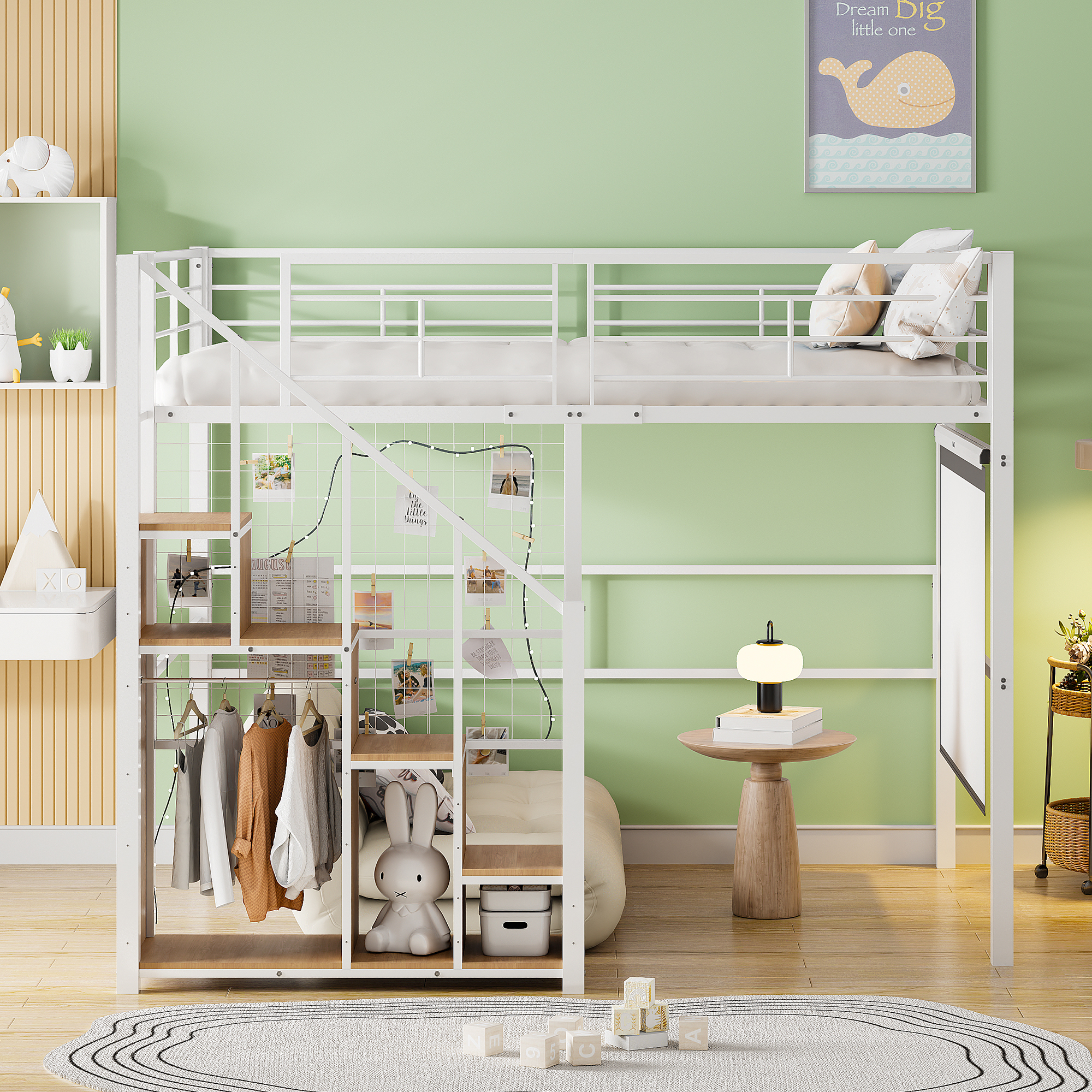 Lit mezzanine en métal 140 x 200 cm avec rangement penderie, escalier et espace inférieur blanc