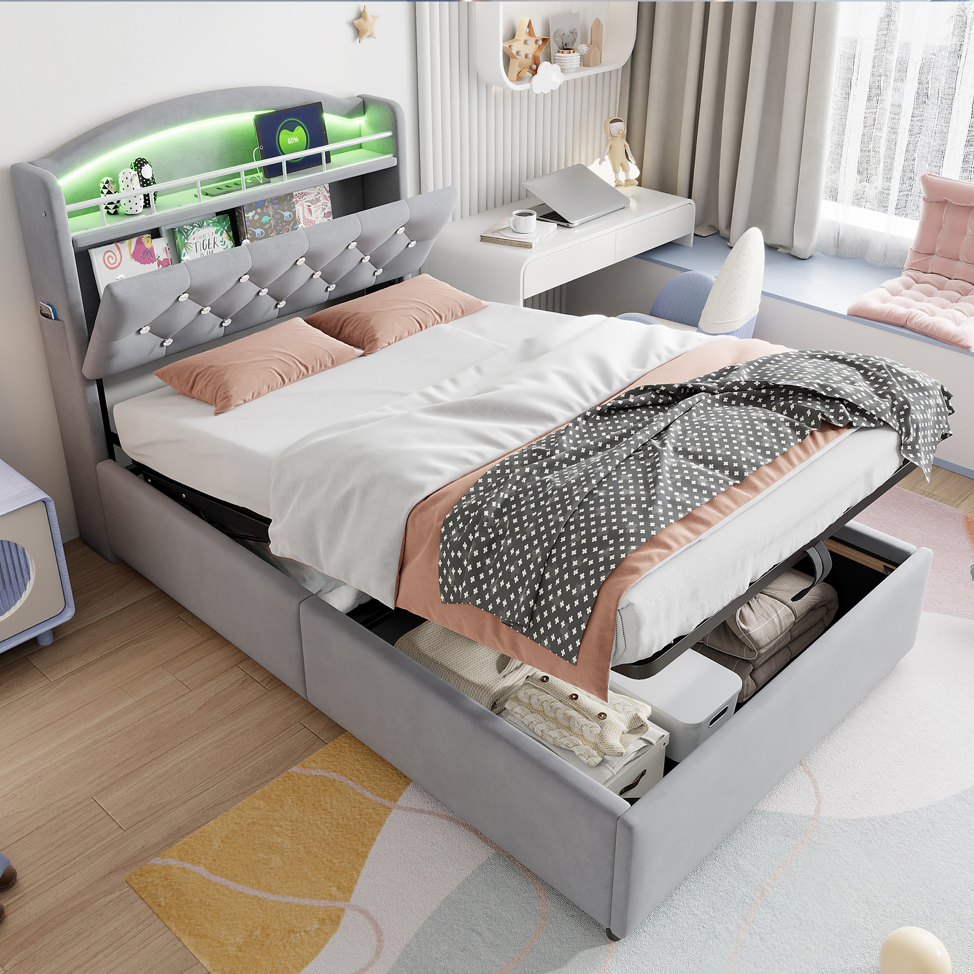 Kinder Polsterbett 90x200, Samt Einzelbett Multifu