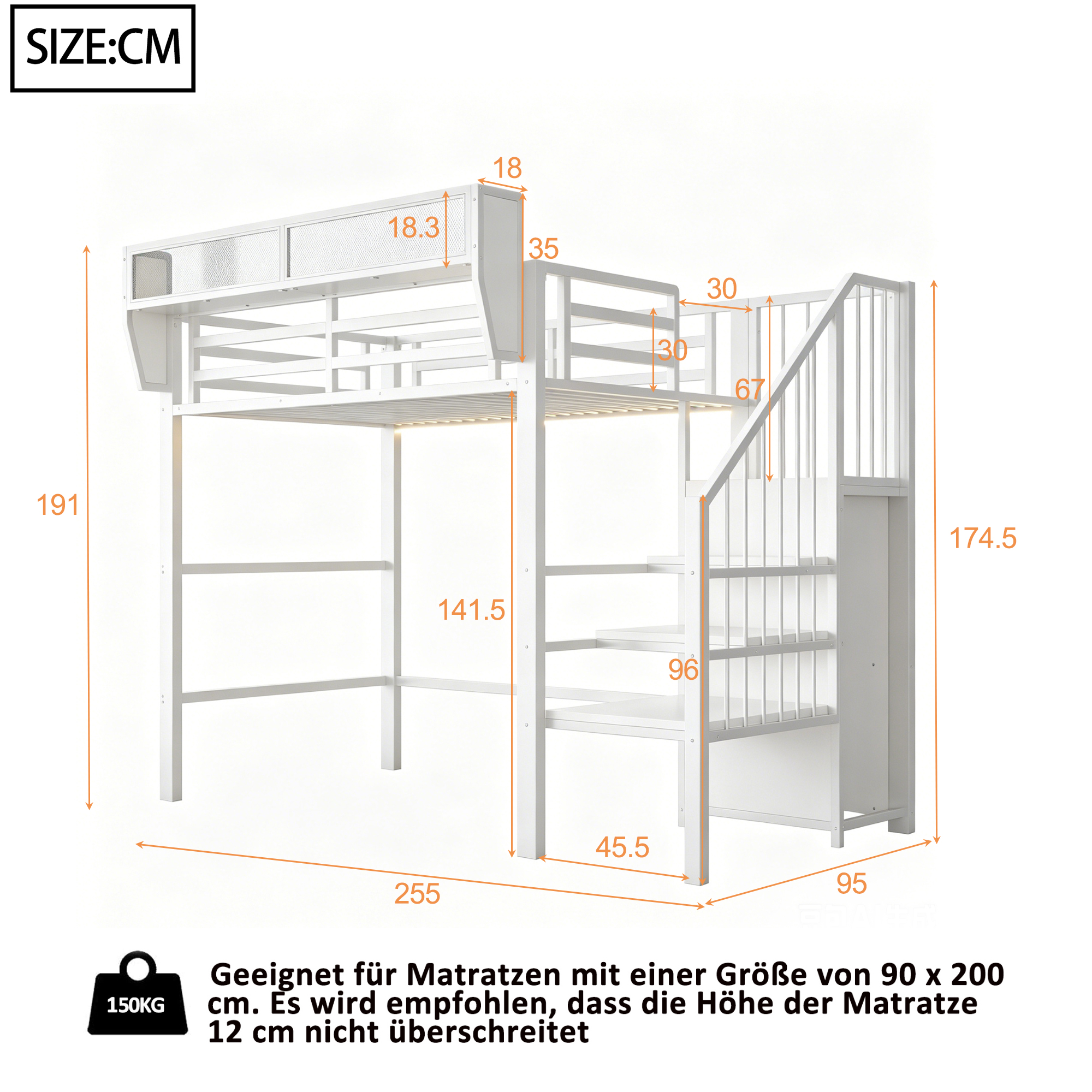 Lit mezzanine 90x200 cm avec LED, bureau, étagères et rangements, métal Blanc - vue complémentaire 1