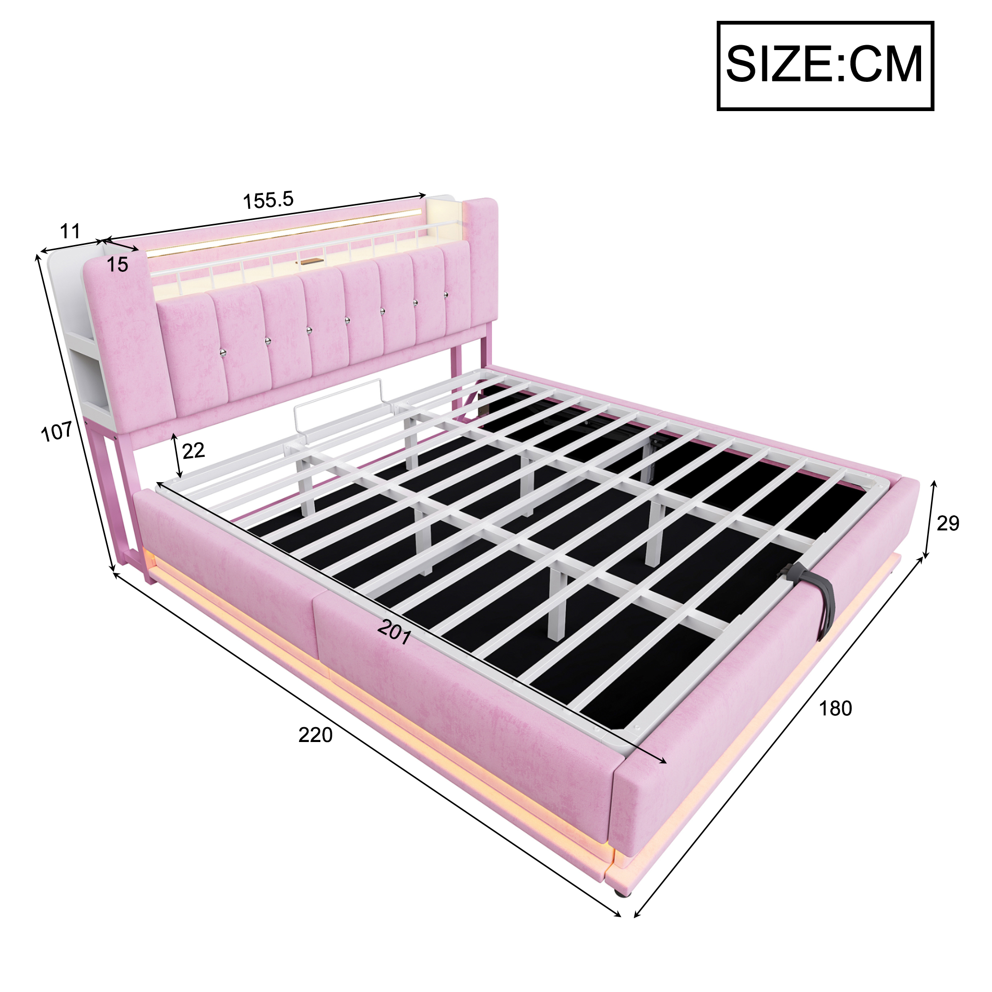 Fonctions de lit coffre 180x200 cm rose avec rangement hydraulique LED et USB