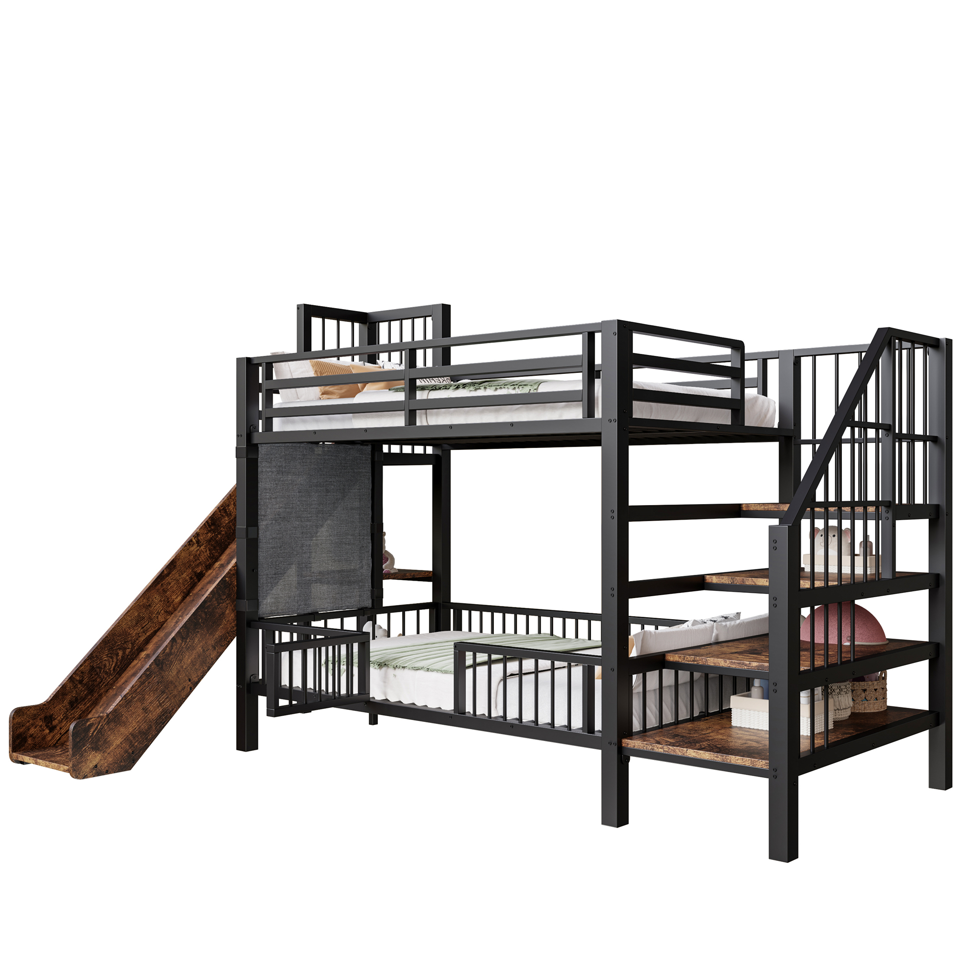Dimensions et détails du lit mezzanine enfant en métal avec toboggan, escalier de rangement et barrières de sécurité noir