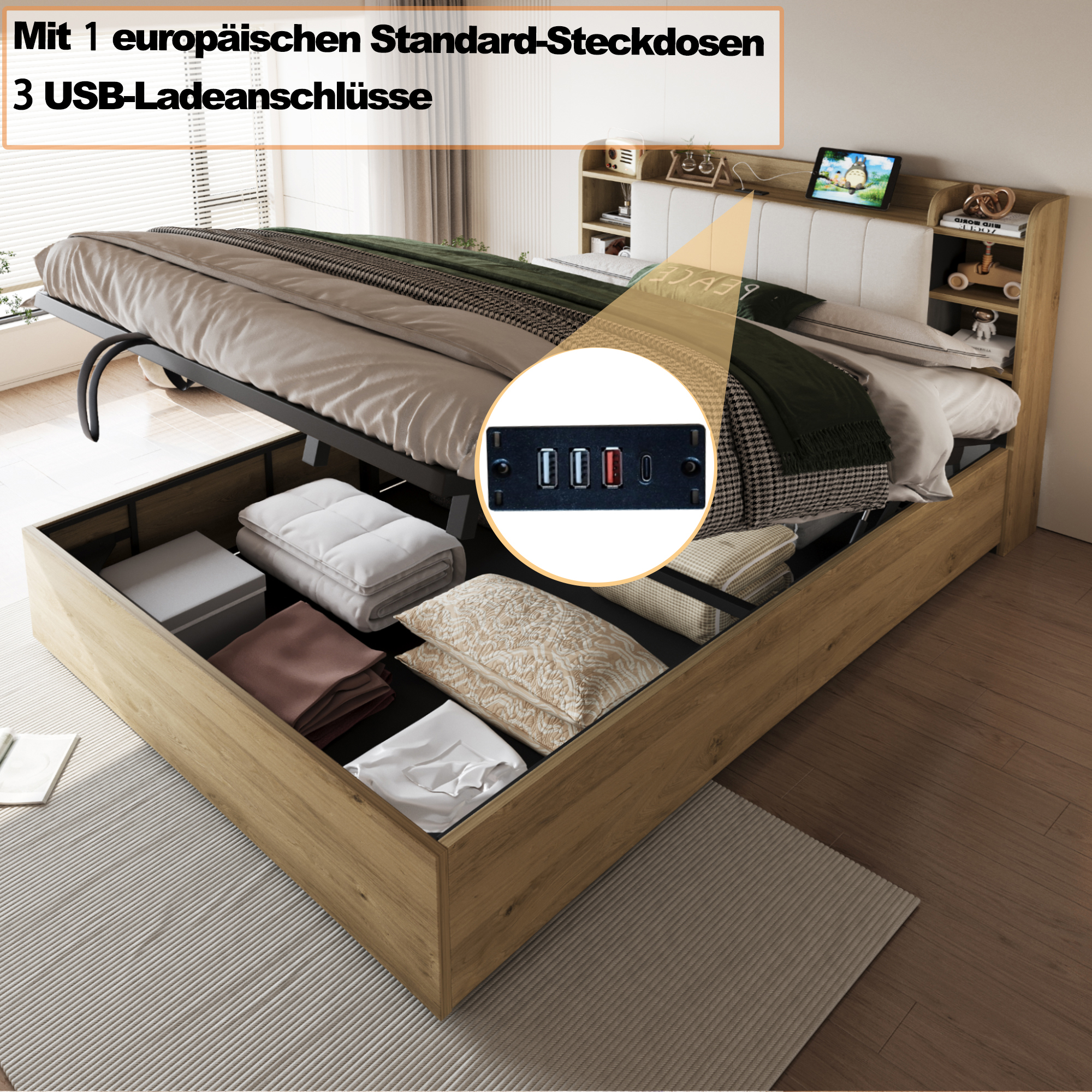 Lit coffre hydraulique 180 x 200 cm avec tête de lit à rangements, prises USB Type-C et structure MDF bois