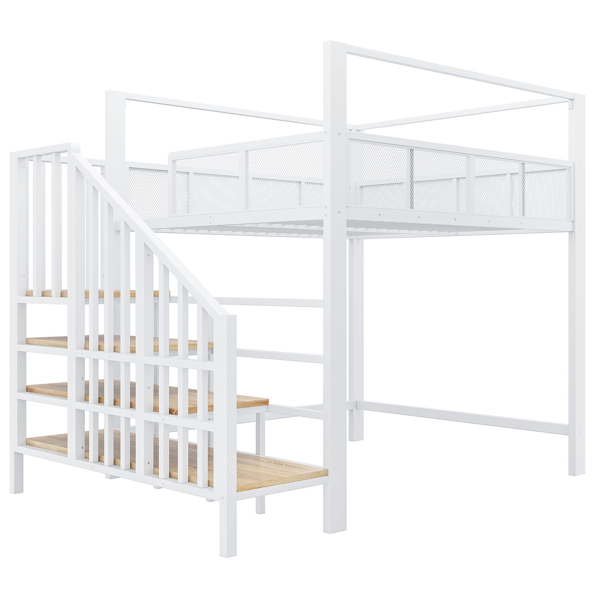 Lit mezzanine 140 x 200 cm, bureau intégré, escalier de rangement, baldaquin, garde-corps, métal, blanc, 252,2 x 145,5 x 193 cm - points forts 1