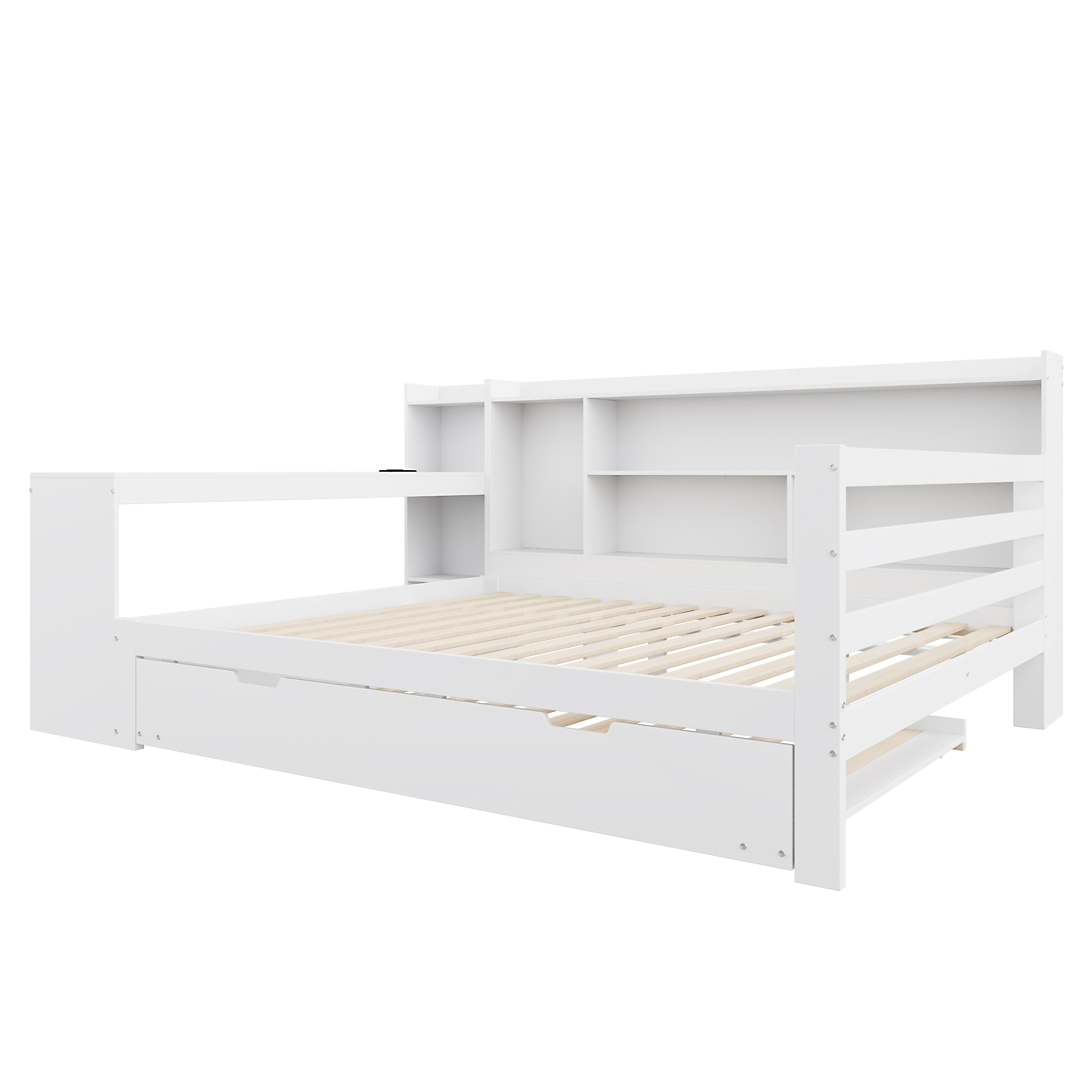 Canapé-lit en bois avec escamotable, étagères, bibliothèques, compartiments, prise + USB, pour salon et chambre, beaucoup de rangement, couchage supplémentaire, recharge au lit, design fonctionnel, stabilité, durabilité - image 13