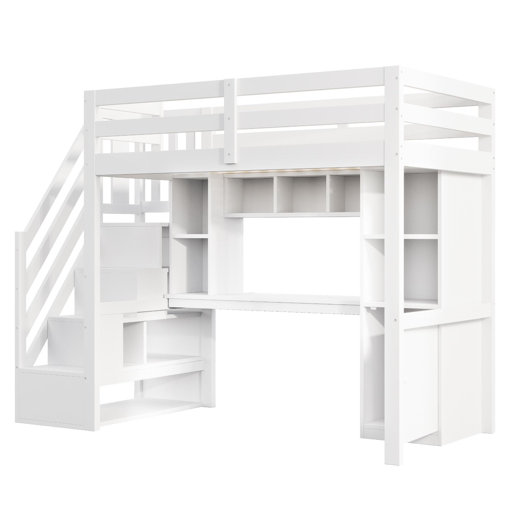 Lit mezzanine 90 x 200 cm, bureau intégré, escalier de rangement, éclairage LED au niveau du bureau, prise intégrée, bois de pin, blanc, 253 x 95 x 170 cm - points forts 1