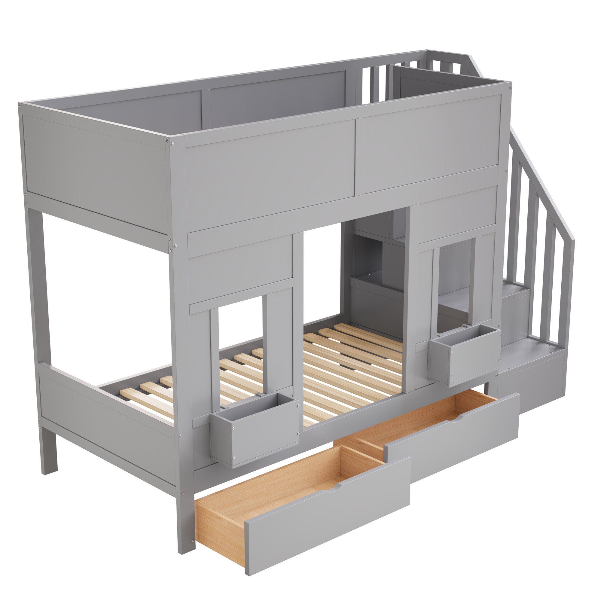 Lit mezzanine enfant 90x200 gris bois escaliers rangement