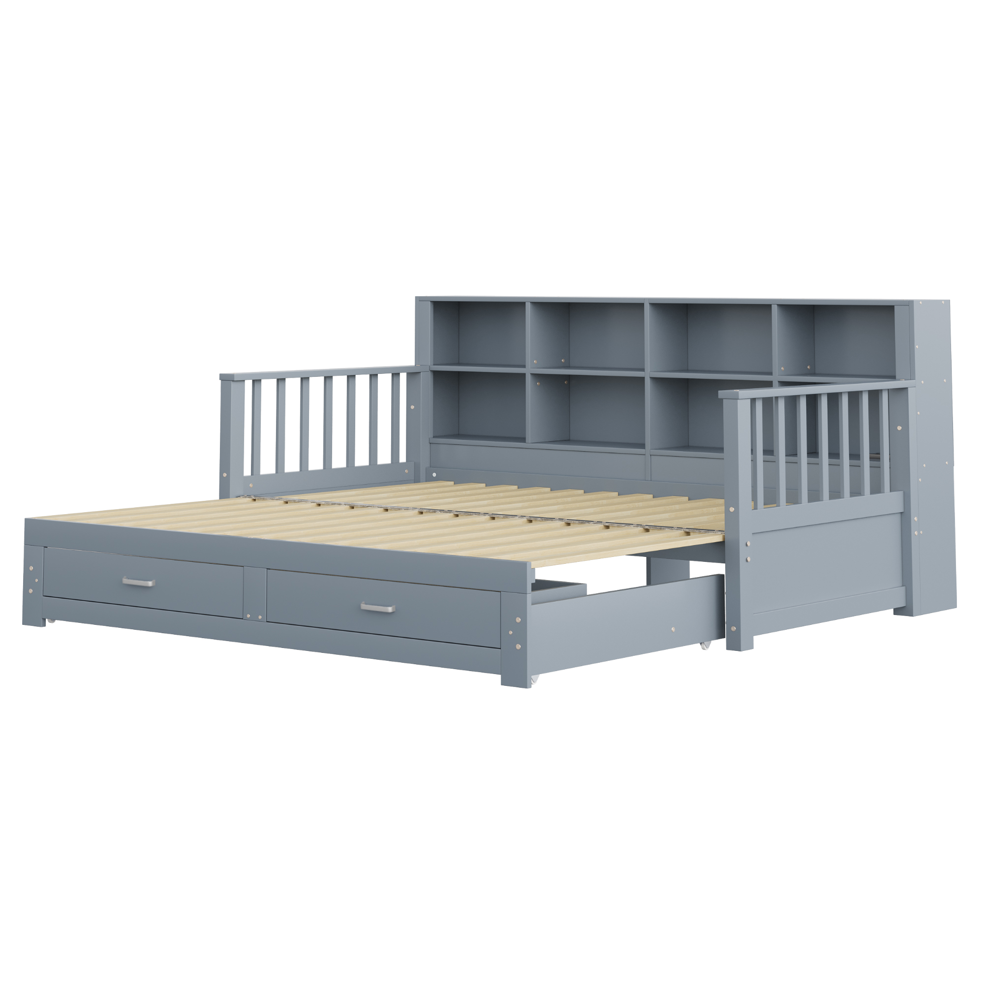 Canapé-lit en bois escamotable 90×190 à 180×190 cm, rangements dossier, prise, tiroir, pour chambre, conversion simple, beaucoup de stockage, recharge appareils, design multifonction, style pratique - image 11