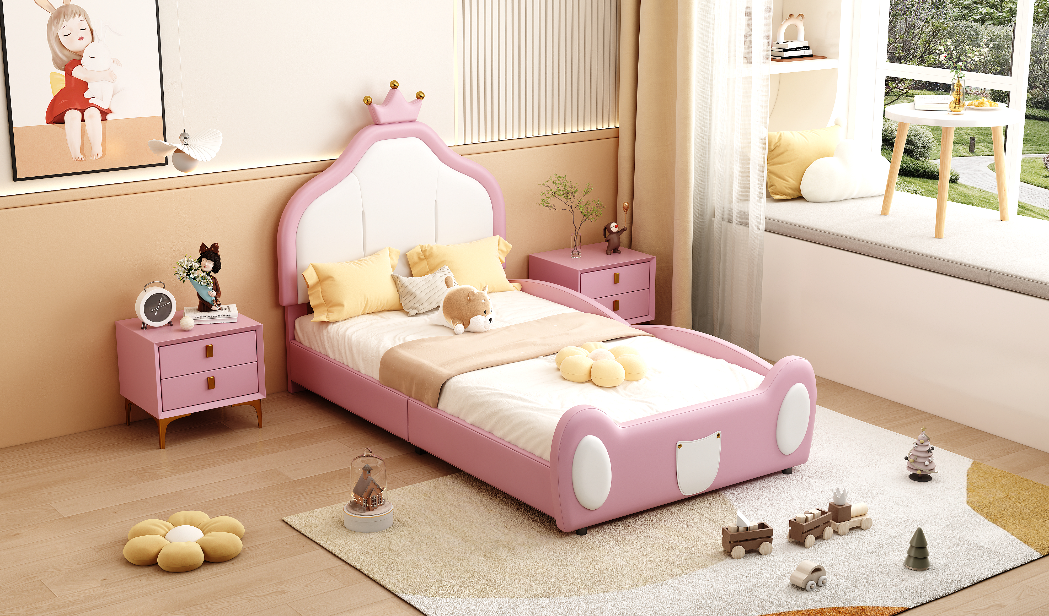 lit enfant princesse avec bande couronne sur tête de lit
