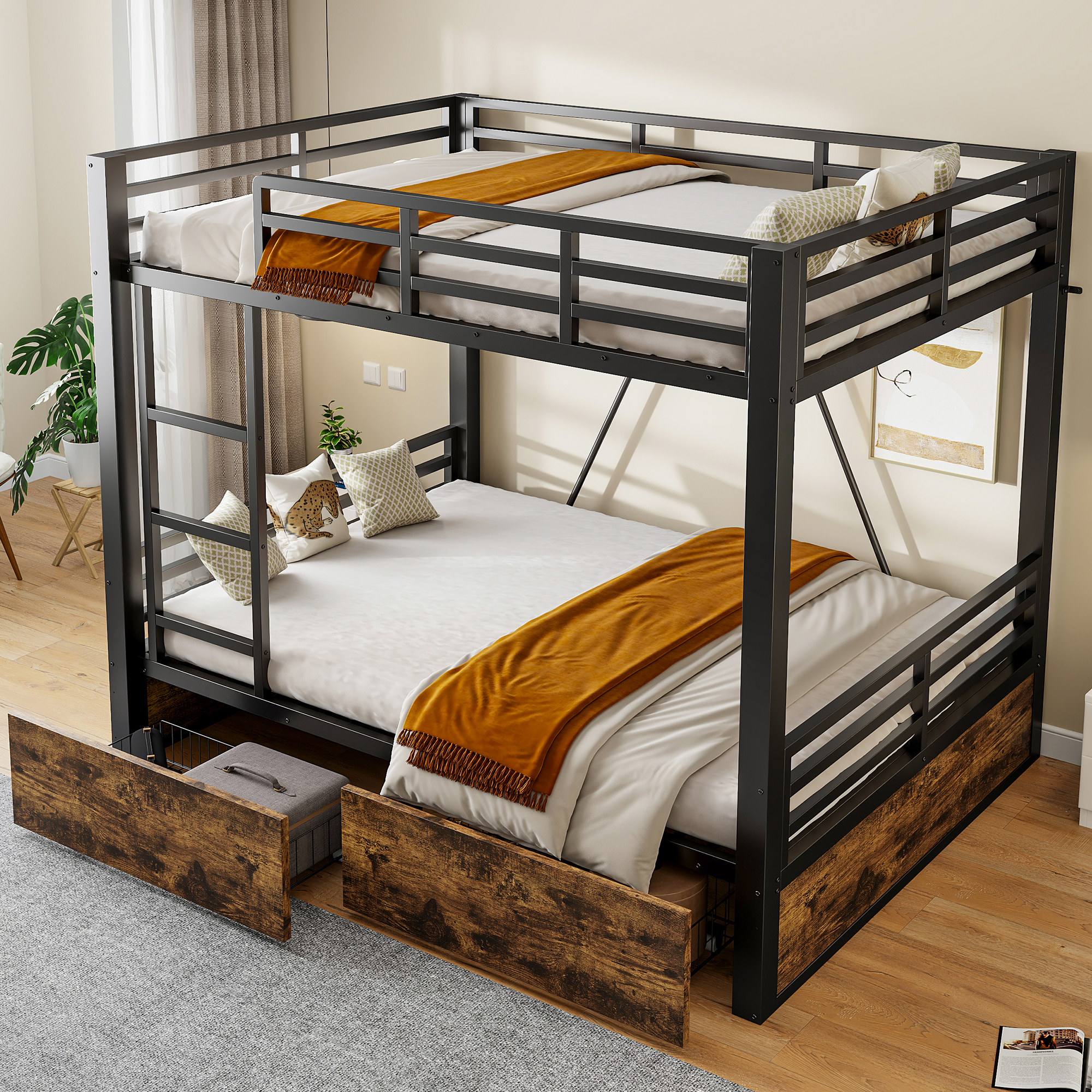 Lit superposé gain de place 204x148x164 cm en métal + bois Noir - présentation 1