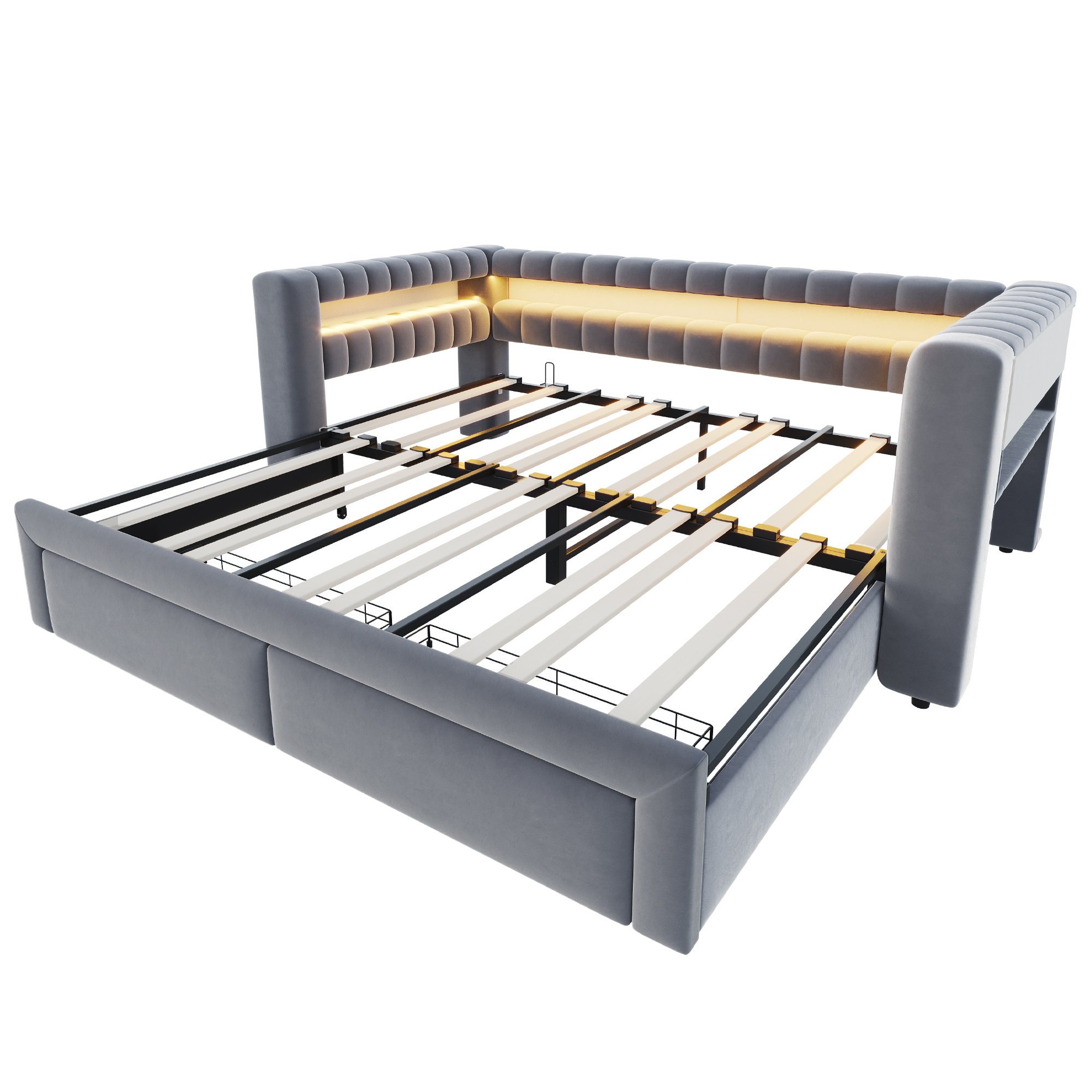 Lit banquette convertible 90x190 cm extensible à 180x190 cm,en velours,couchage gigogne,éclairage LED,ports USB et Type-C,gris,lit 1 place,lit avec rangement intégré