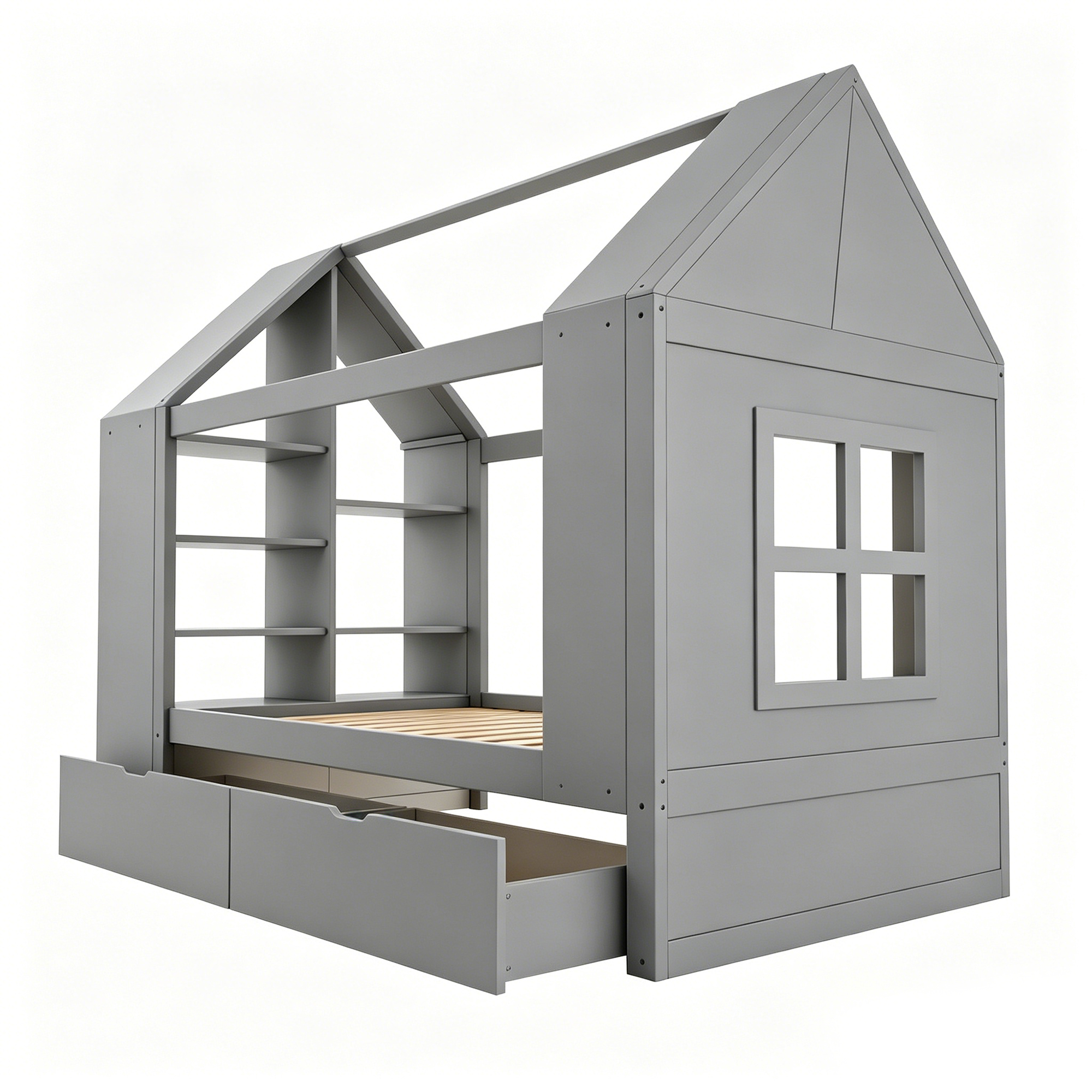 Lit cabane enfant 90 x 200 cm, 2 tiroirs, éclairage LED latéral, bois massif et MDF, gris, 235 x 95 x 154,5 cm 🏠 - points forts 1