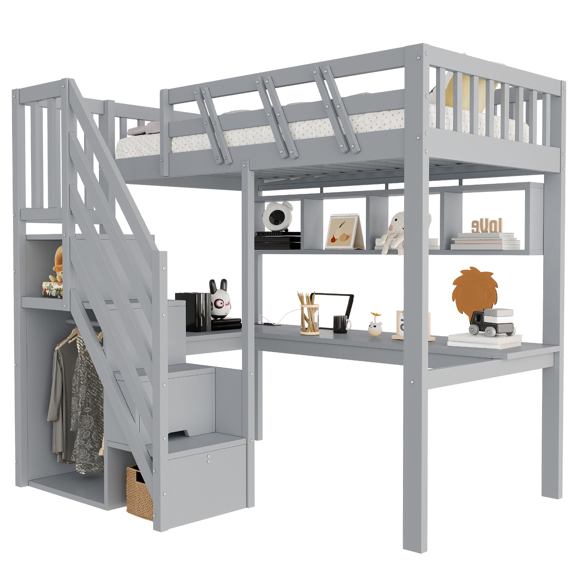 Lit enfant 90 x 200 cm avec bureau, LED, ports de charge, rangements, bois, Gris - fonctions