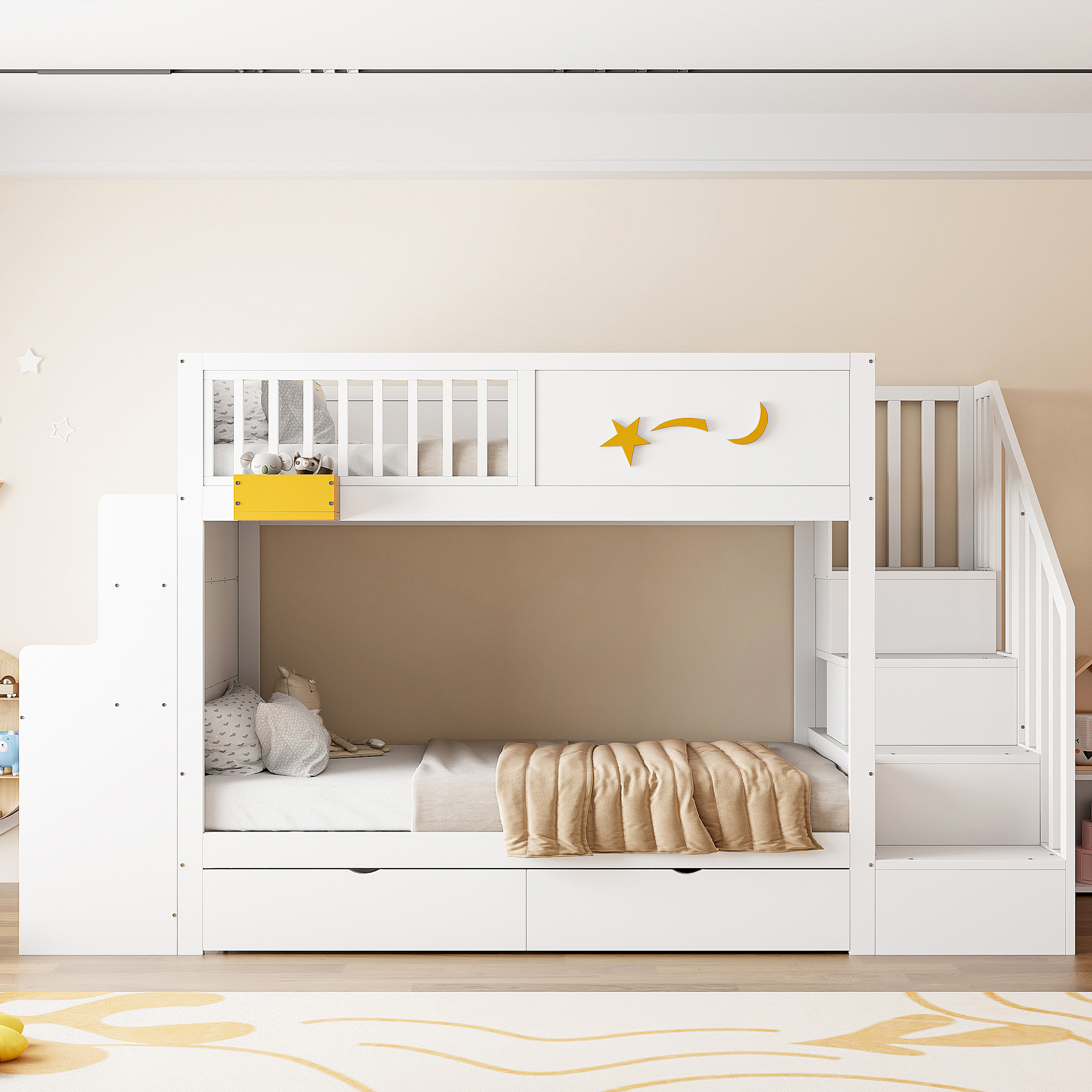 Lit superposé enfant 90 x 200 cm en bois avec bureau, tiroirs, escalier de rangement et finition blanc
