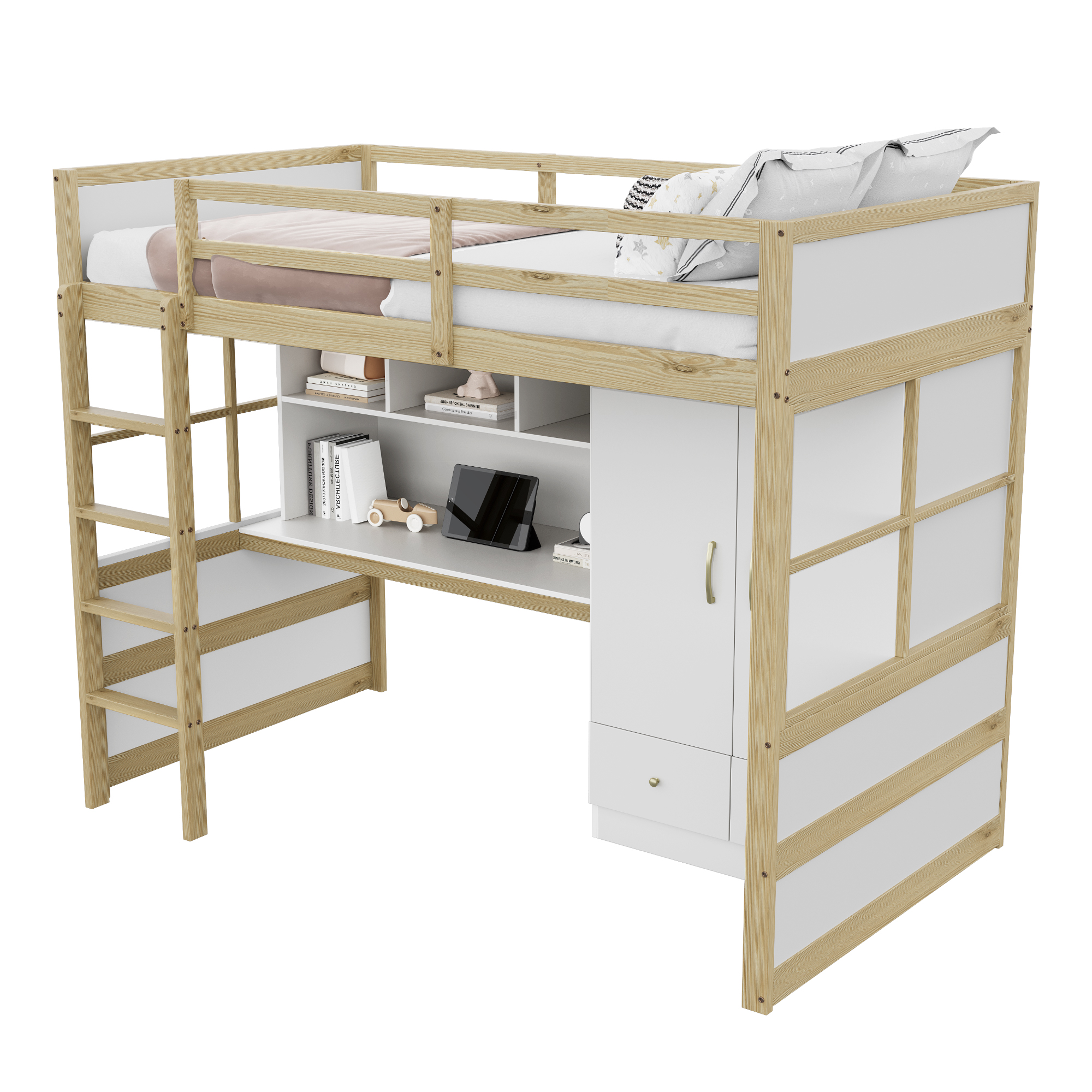 Lit mezzanine 90x200 cm gain de place 204,5x102x174 cm en bois Bois naturel - points forts 1