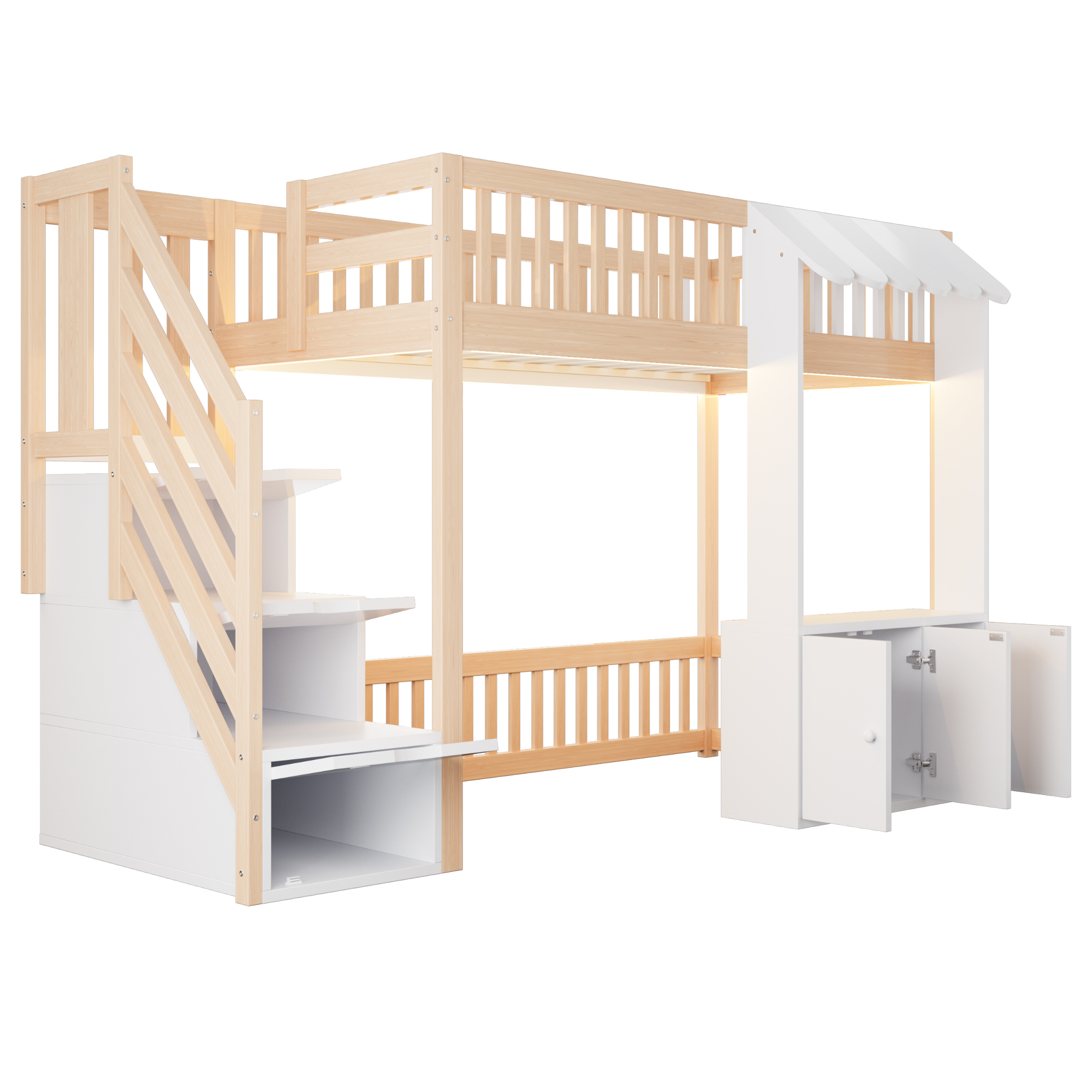 Lit mezzanine 90 x 200 cm, escalier de rangement, baldaquin, éclairage LED sous le couchage, espace sous le lit aménageable, bois de pin, effet bois naturel, 253 x 108,9 x 139 cm - points forts 1