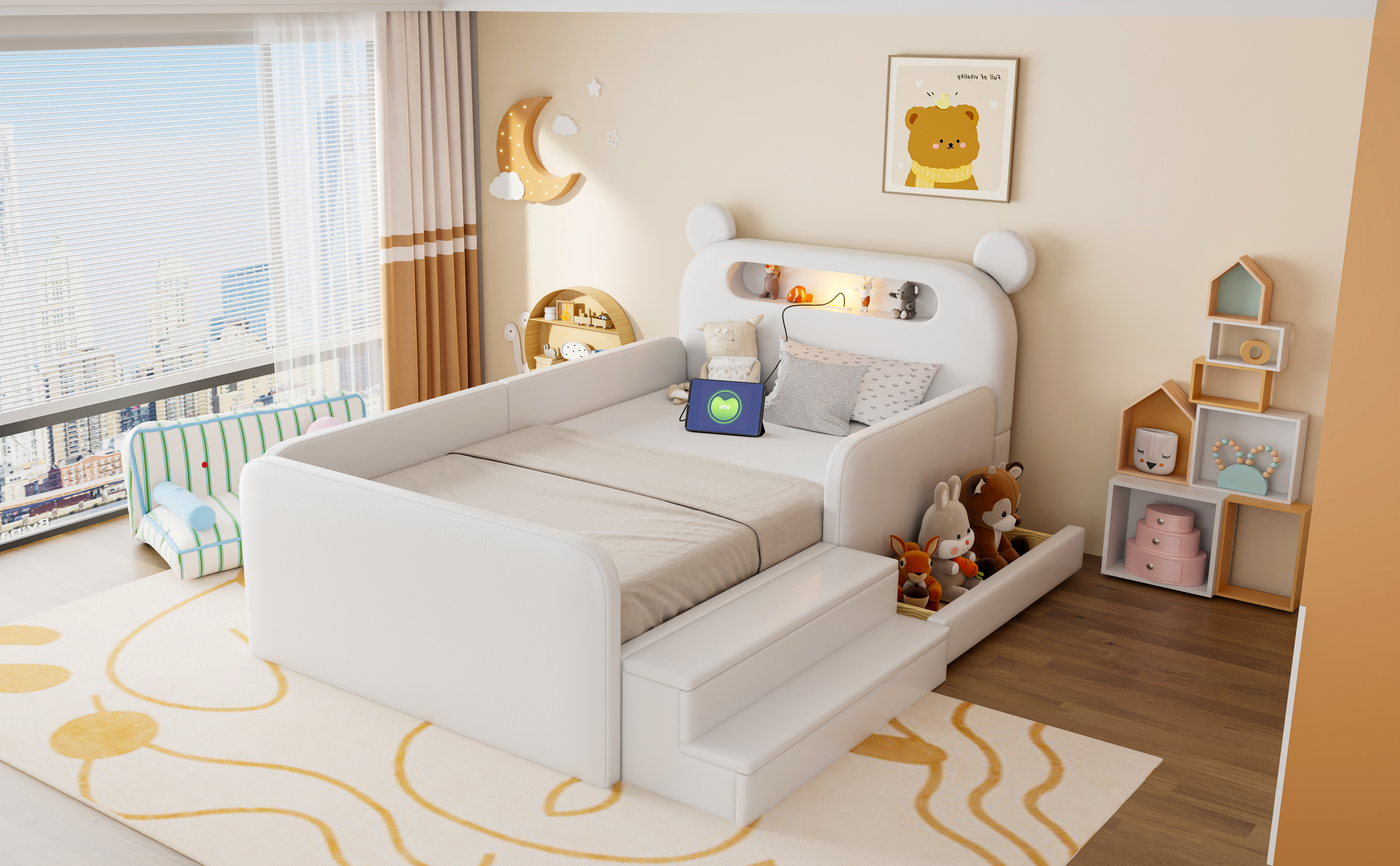 Lit enfant blanc 90x200 cm avec tête de lit ours