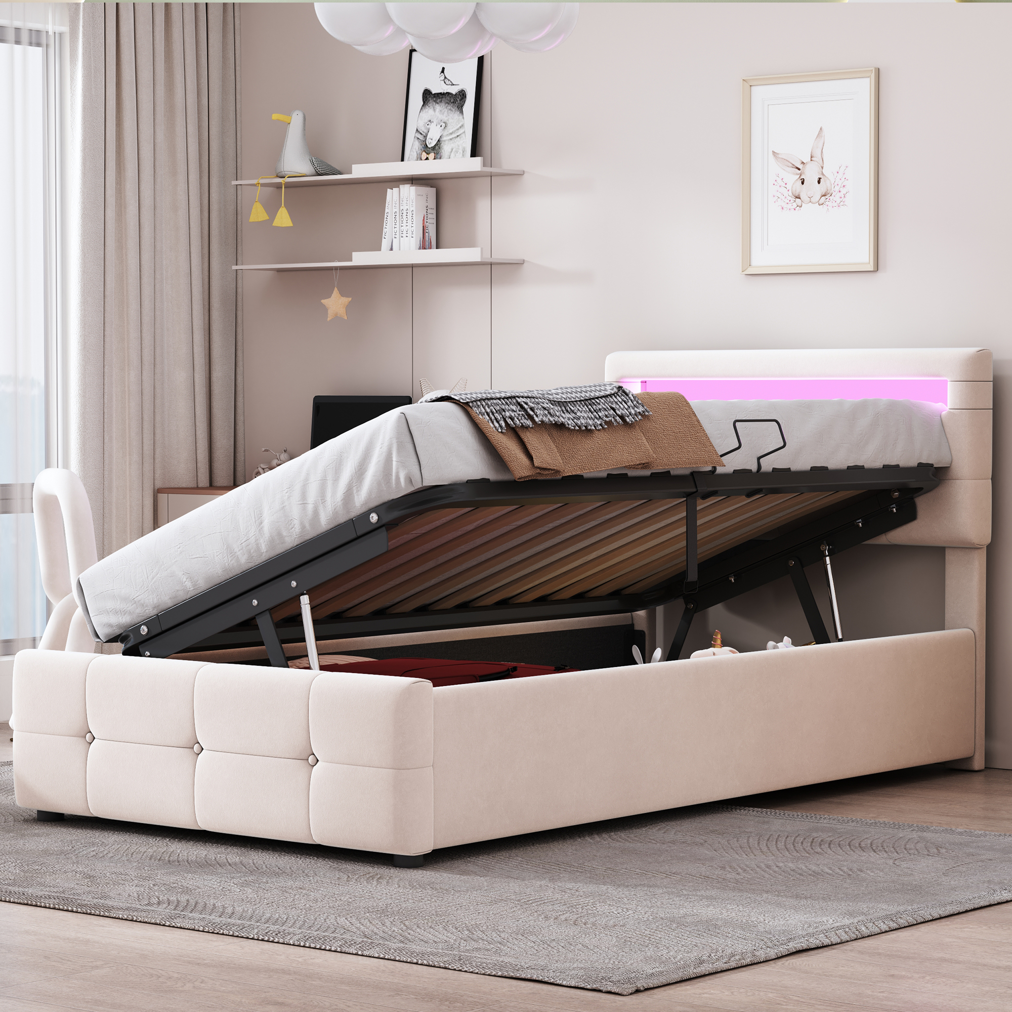 Polsterbett Kinderbett 90x200 cm, Mit LED-Beleucht