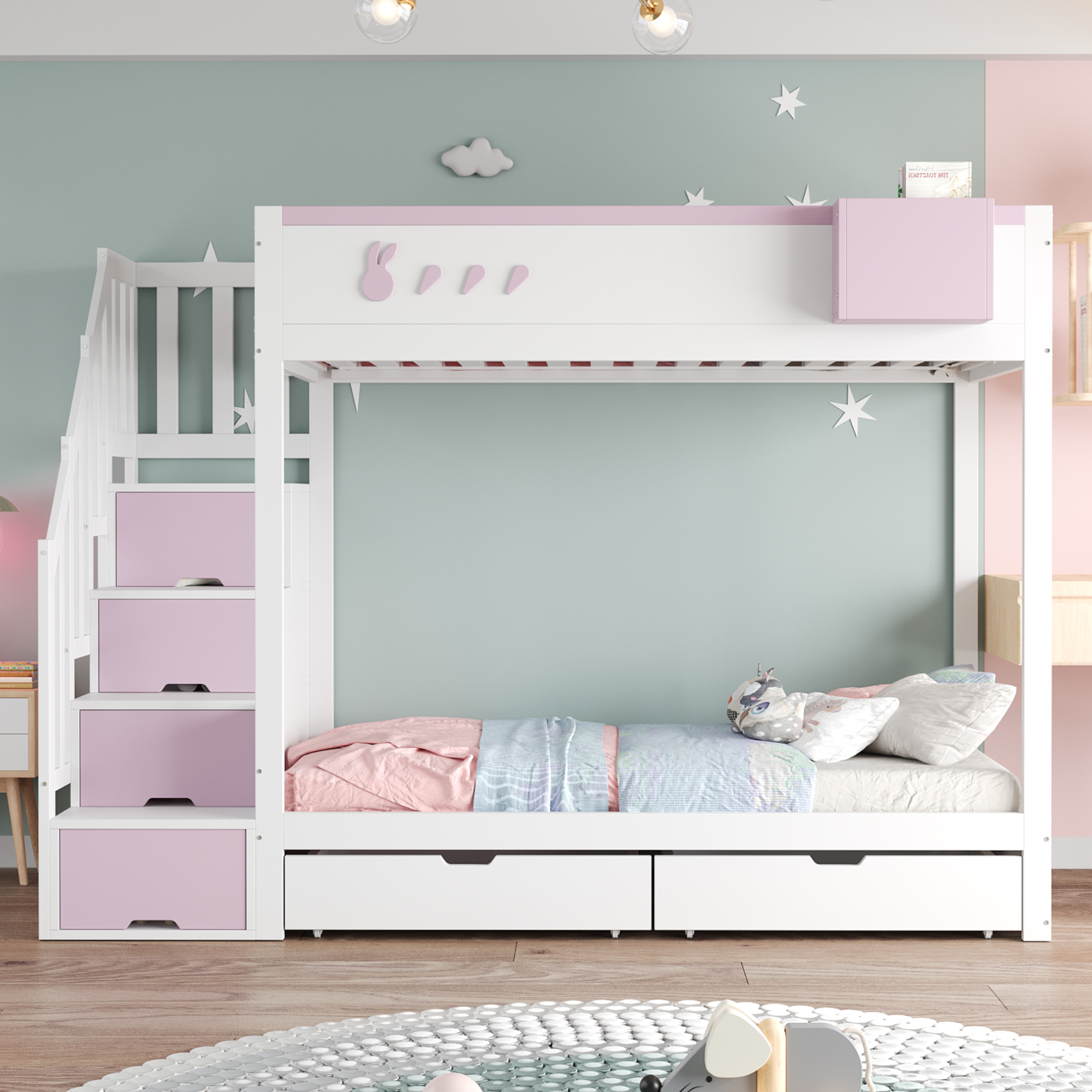 Etagenbett Kinderbett 90*200 cm, Mit Kaninchen- un
