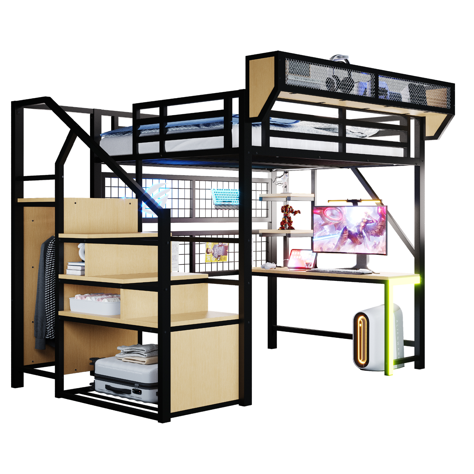 Lit mezzanine gain de place 255x145x191 cm en métal Noir - présentation 1