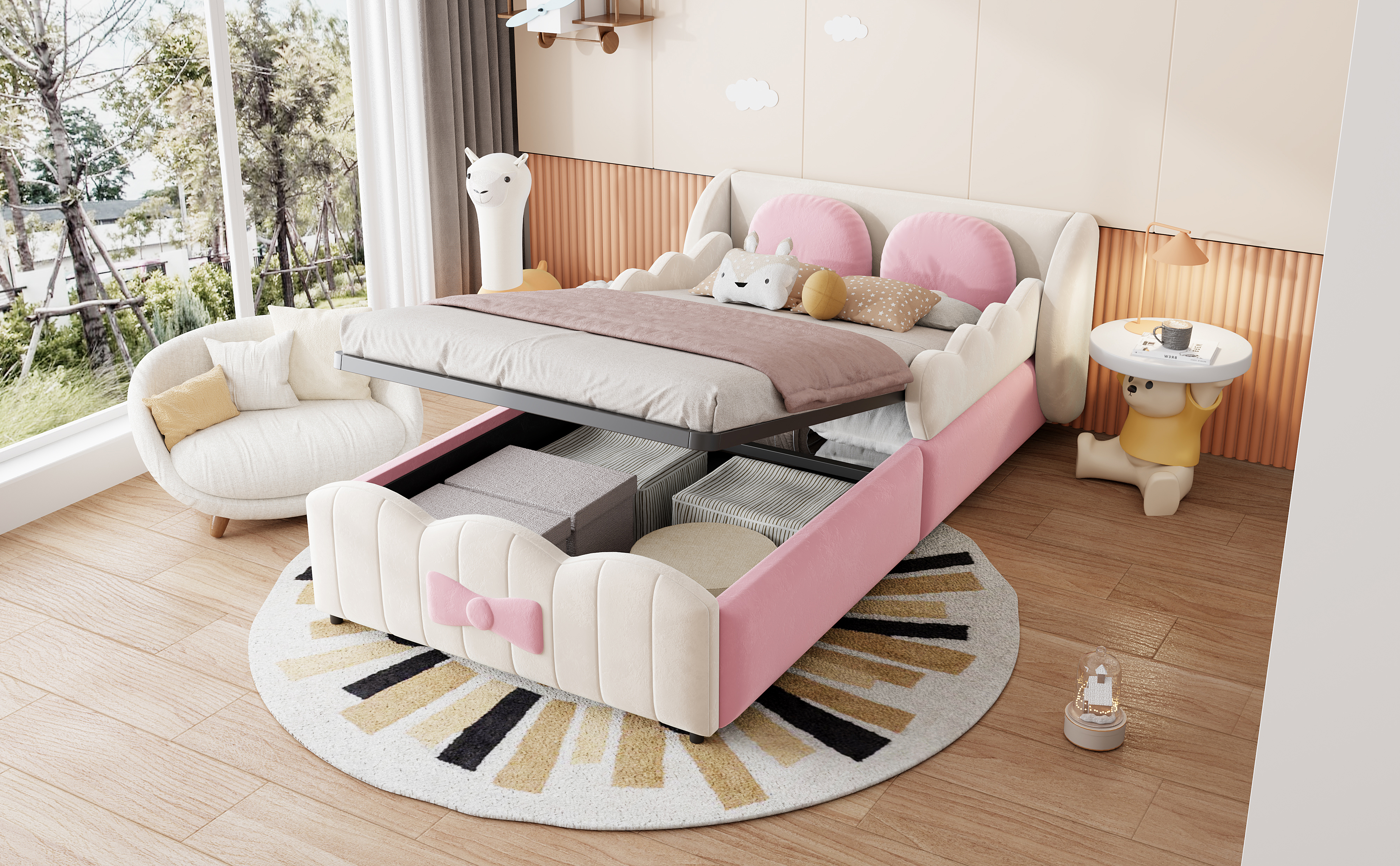 Lit rembourré enfant beige avec coffre hydraulique et design ailes