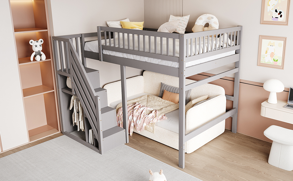 aperçu ambiance lit mezzanine bois massif gris dans la chambre d’enfant