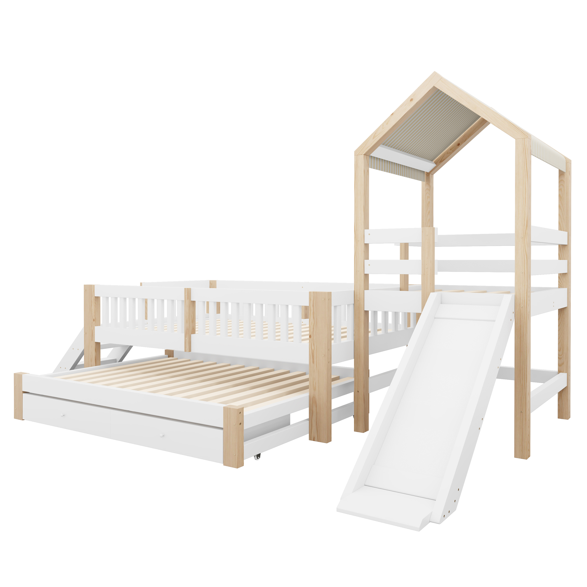 Présentation de Lit superposé en bois 90 x 200 cm + 90 x 190 cm avec lit gigogne, tiroirs, rangements et toboggan, Blanc et Naturel