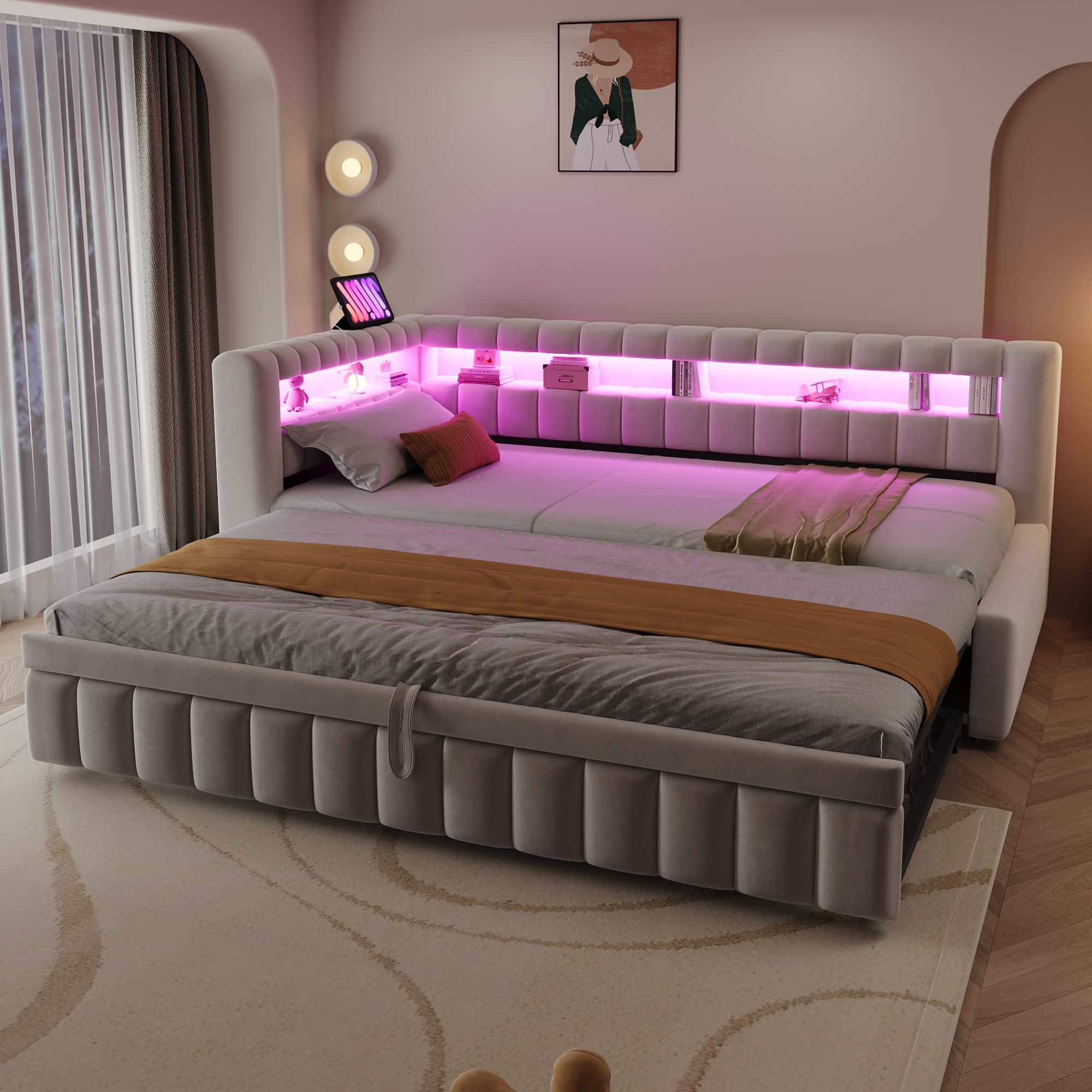 Lit banquette convertible 90x200 cm,en velours,couchage gigogne,éclairage LED,ports USB et Type-C,beige,lit 1 place,lit avec rangement intégré