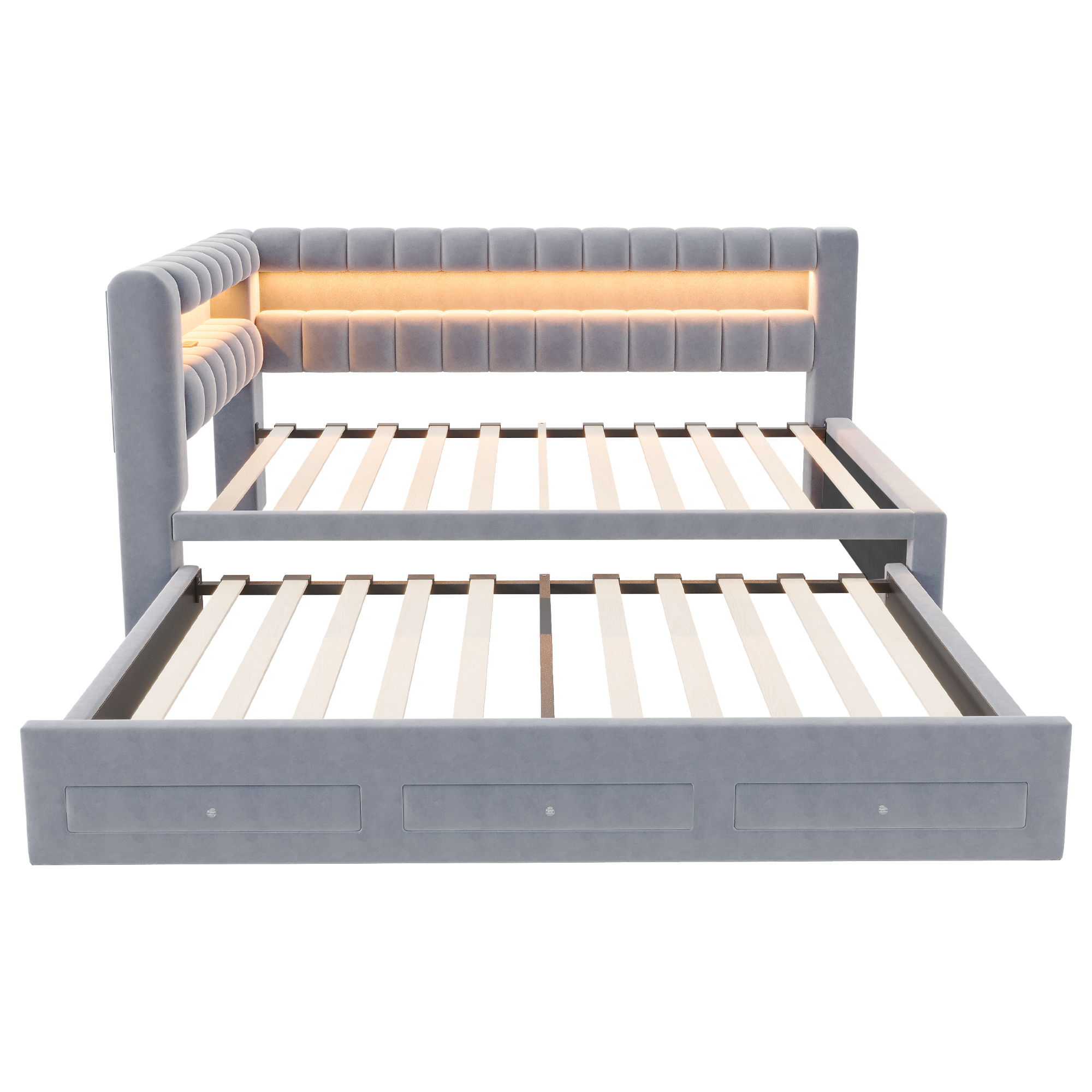 Lit banquette convertible 90x190 cm,en velours,couchage gigogne,éclairage LED,ports USB et Type-C,gris,lit 1 place,lit avec rangement intégré