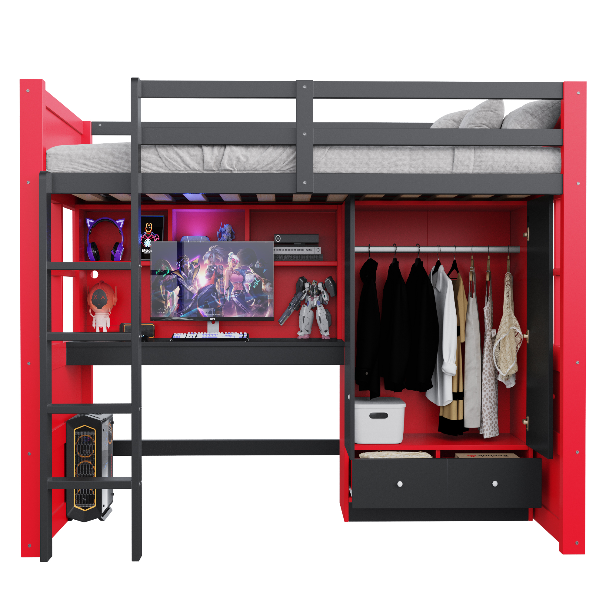 Lit mezzanine 90x200 cm gain de place 205x100,5x174 cm en bois Noir + Rouge - points forts 1
