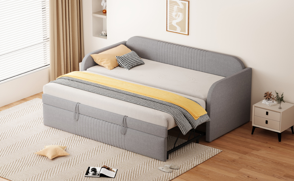 Lit banquette convertible gris clair 90x190 et 180x190 cm en tissu effet lin