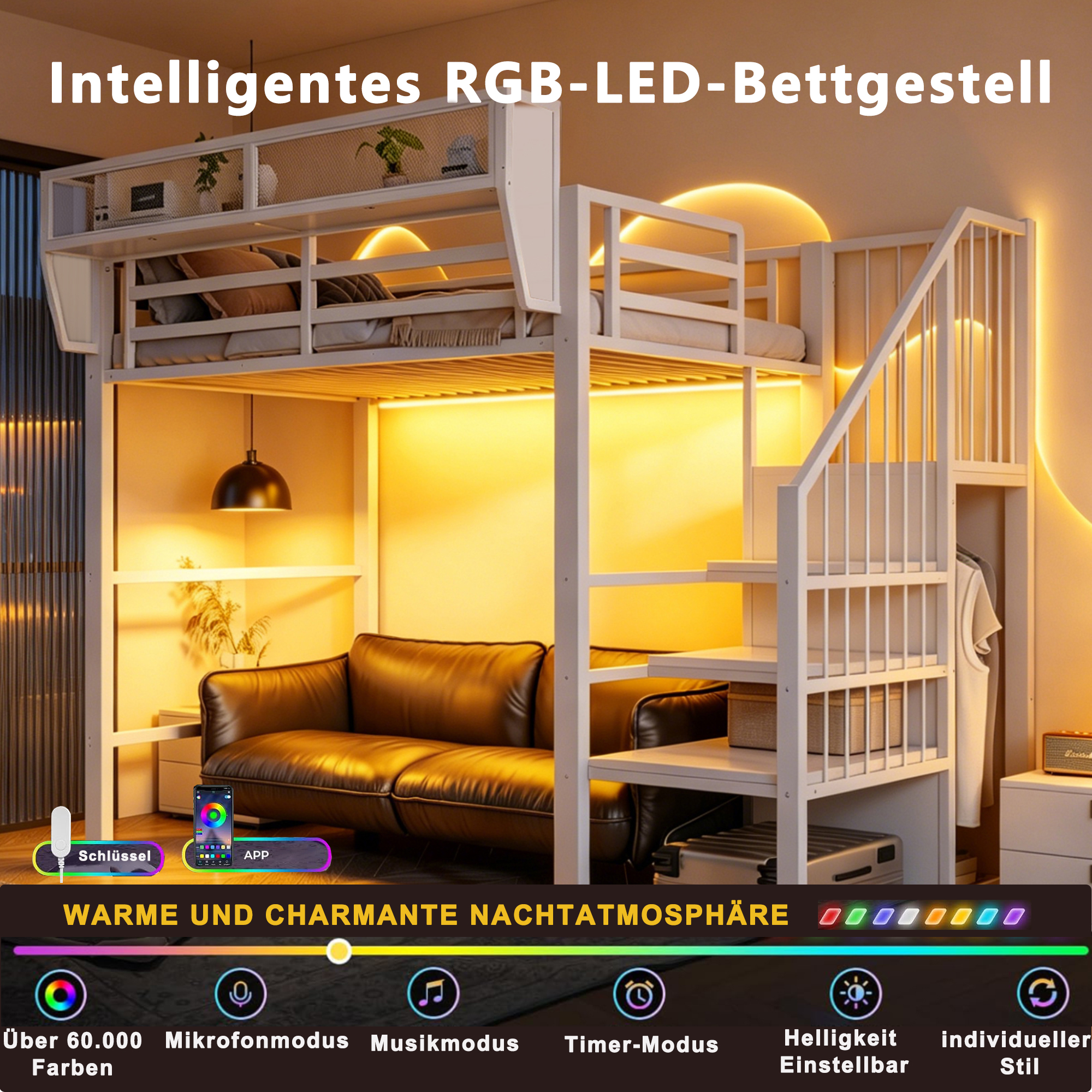Lit mezzanine 90x200 cm avec LED, bureau, étagères et rangements, métal Blanc - points forts 1