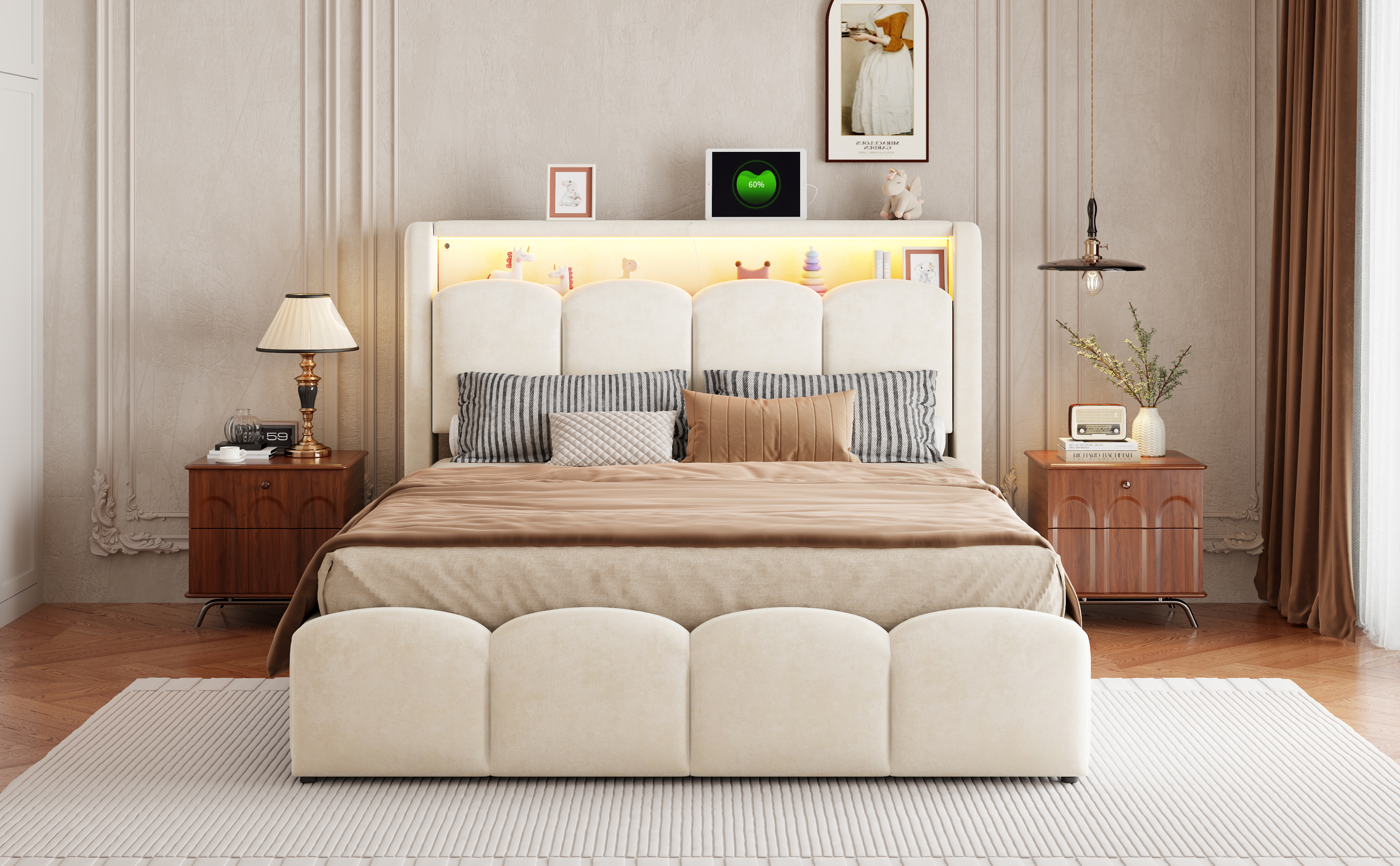 Lit coffre double 140x200 cm en velours beige