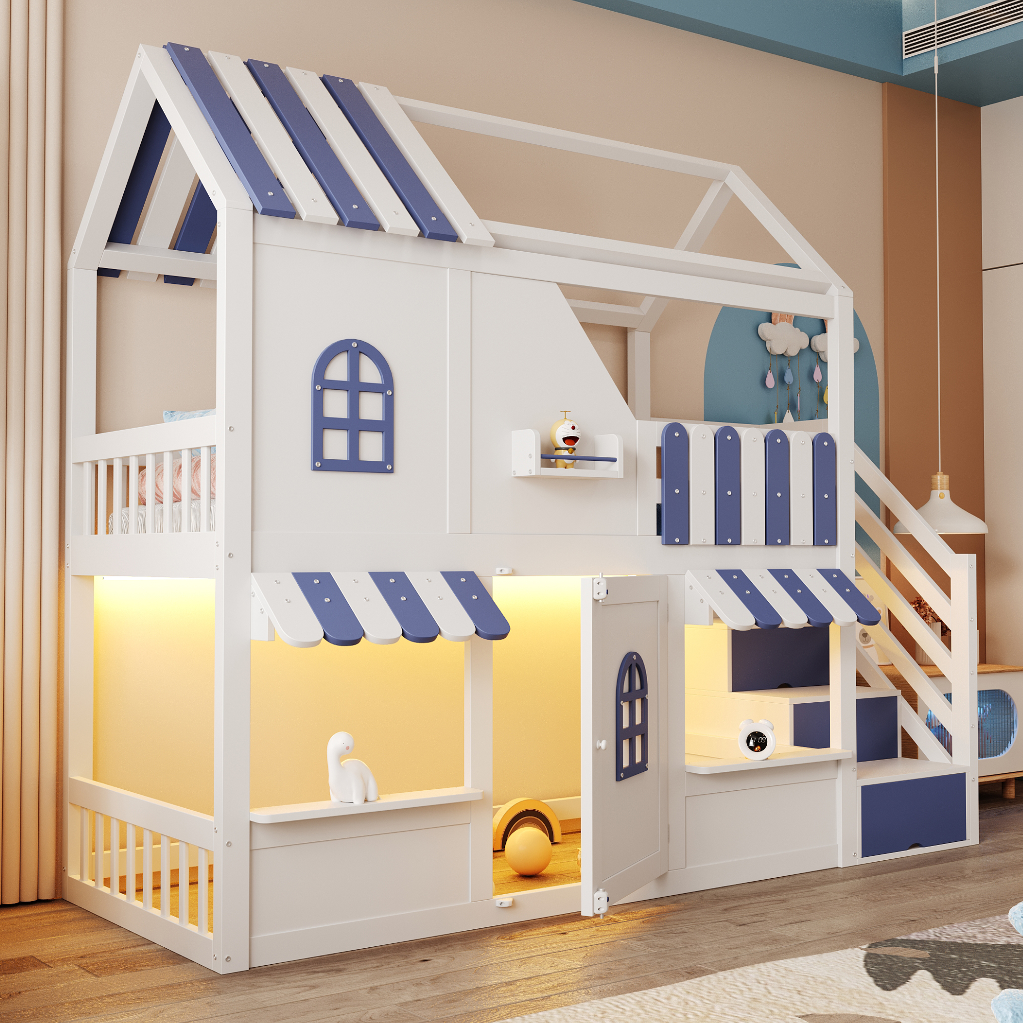 Lit superposé 90 x 200 cm avec échelle avec rangement, LED, rangements, bois, Blanc et bleu - vue principale