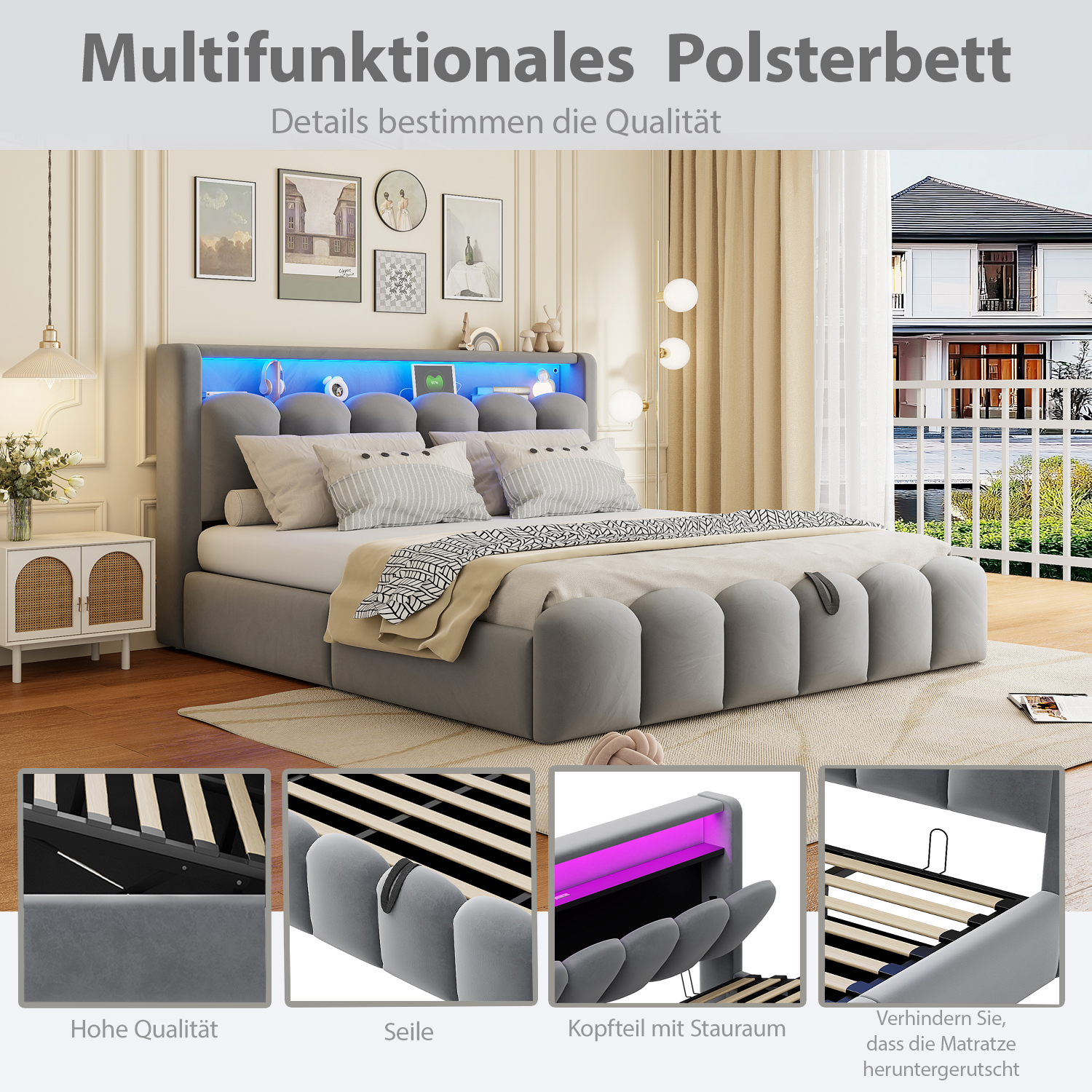 Lit design moderne velours gris avec éclairage LED