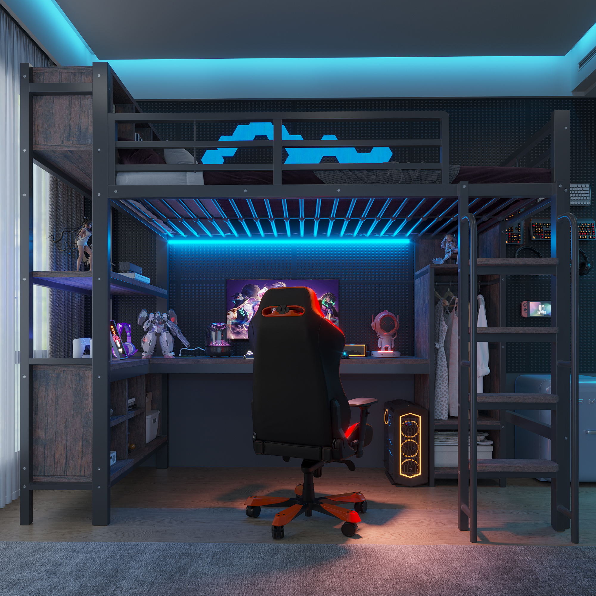 Lit mezzanine 90 x 200 cm, bureau intégré, penderie intégrée, éclairage LED au niveau du bureau, prise intégrée, métal, noir, 229,2 x 95 x 185 cm - vue principale 1