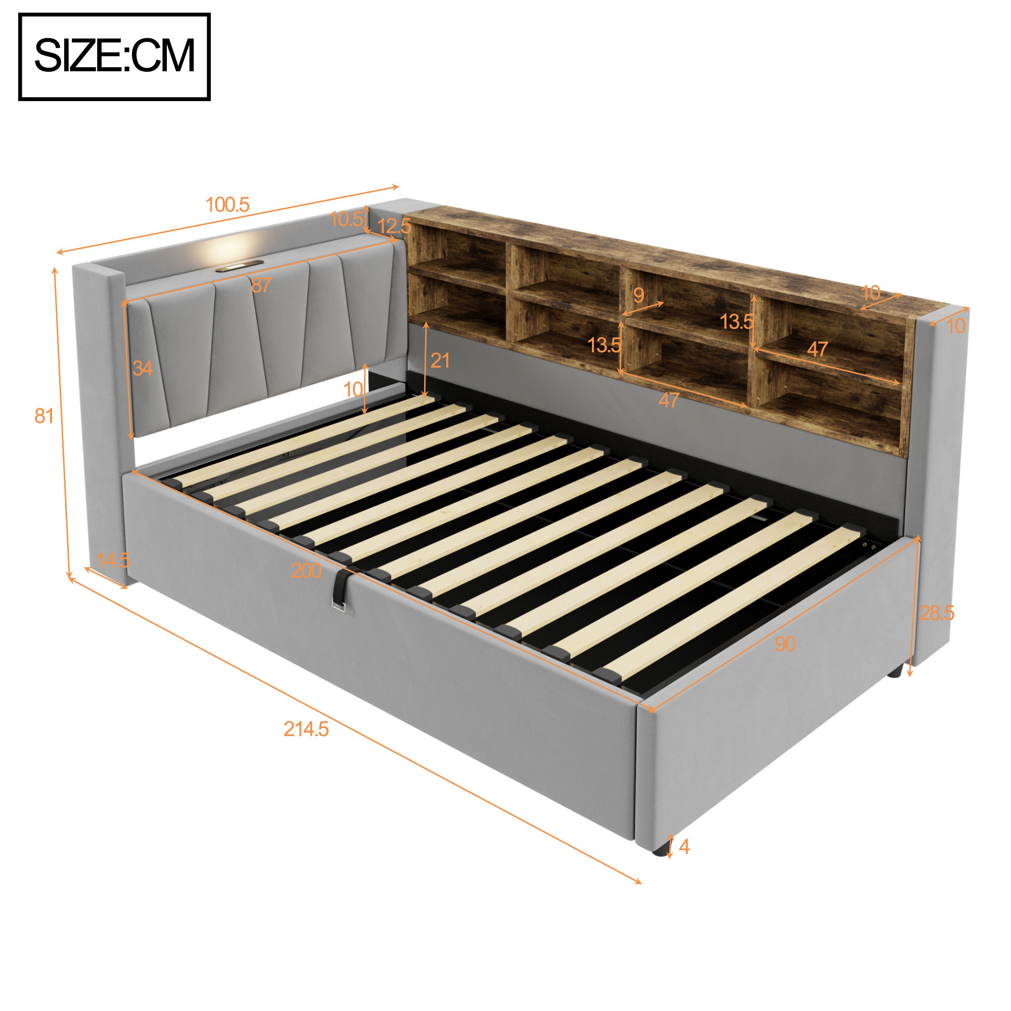 Schéma des dimensions du lit coffre gris clair 90 x 200 cm, dimensions hors tout 214,5 x 100,5 x 81 cm, avec rangements intégrés