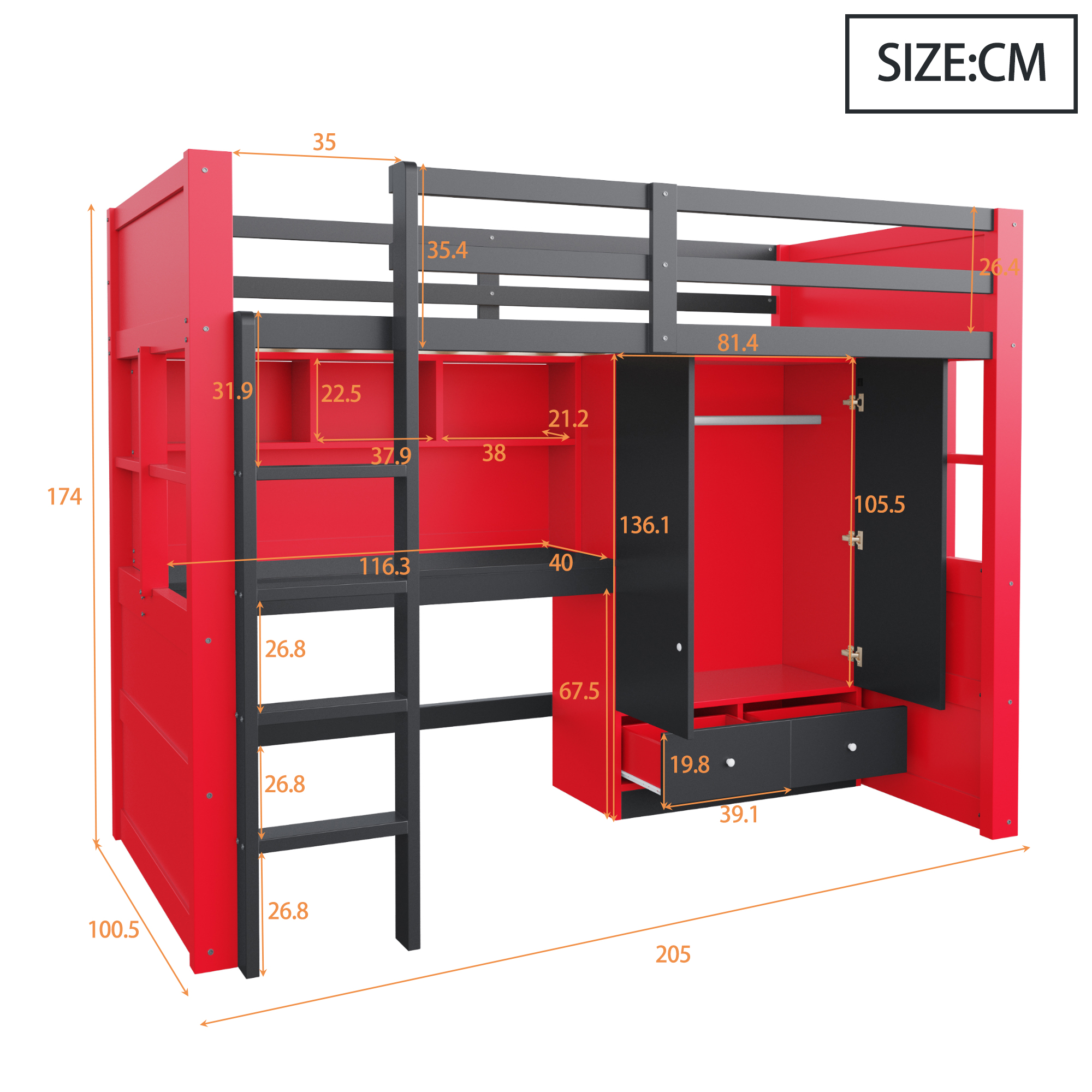 Lit mezzanine 90x200 cm gain de place 205x100,5x174 cm en bois Noir + Rouge - vue complémentaire 1