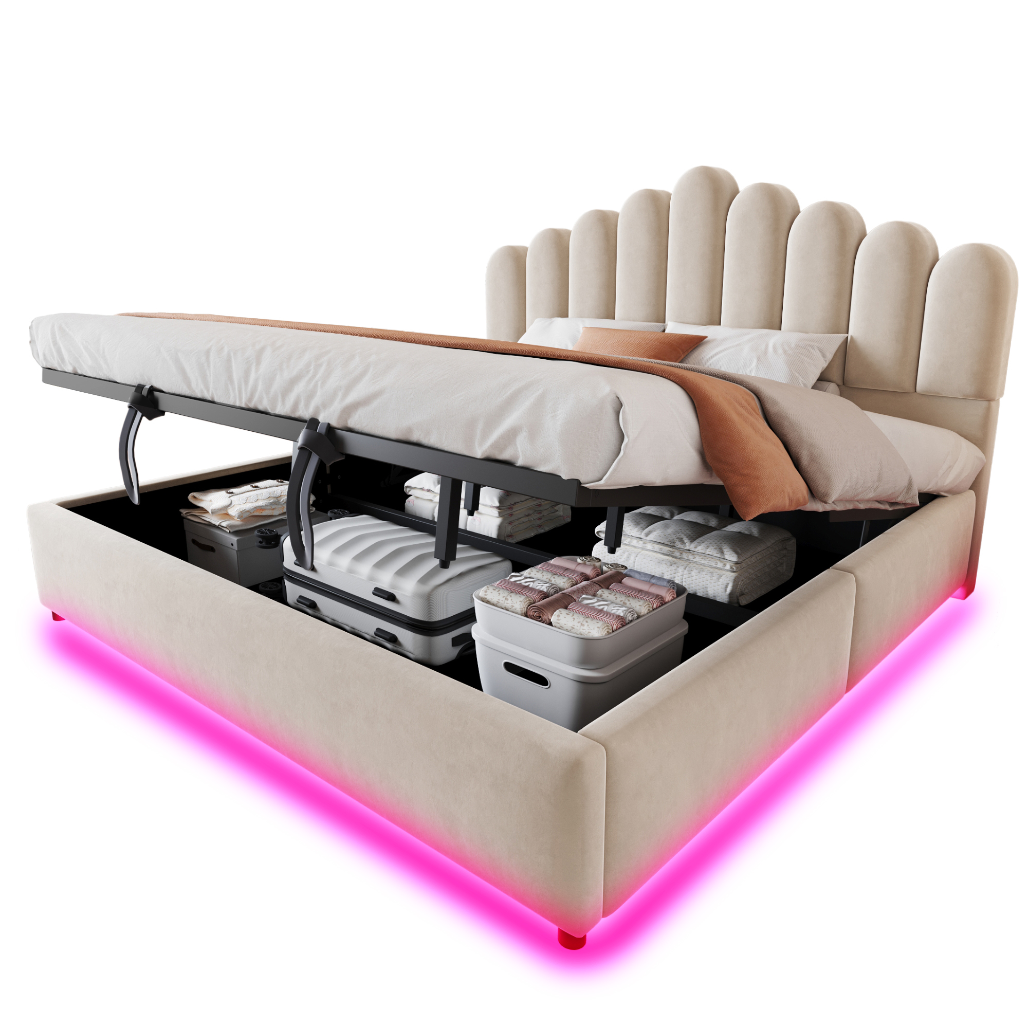 Détails de Lit coffre rembourré en velours 180 x 200 cm avec rangement hydraulique, LED et sommier à lattes, Beige