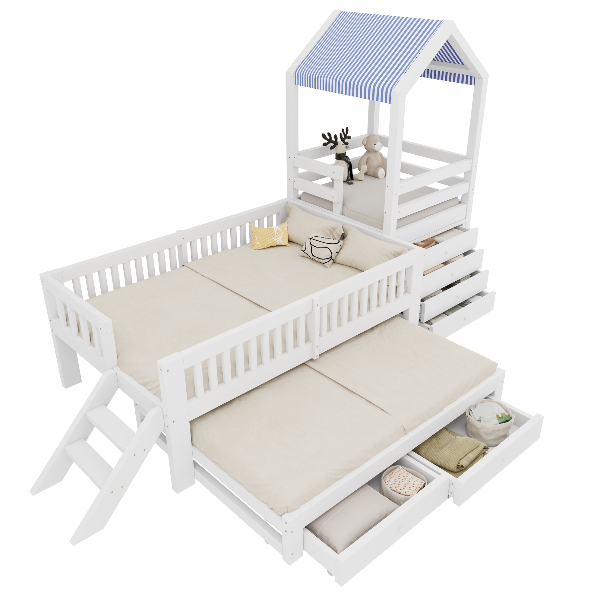Détails de Lit superposé en bois 90 x 200 cm + 90 x 190 cm avec lit gigogne, tiroirs, rangements et toit cabane, Blanc