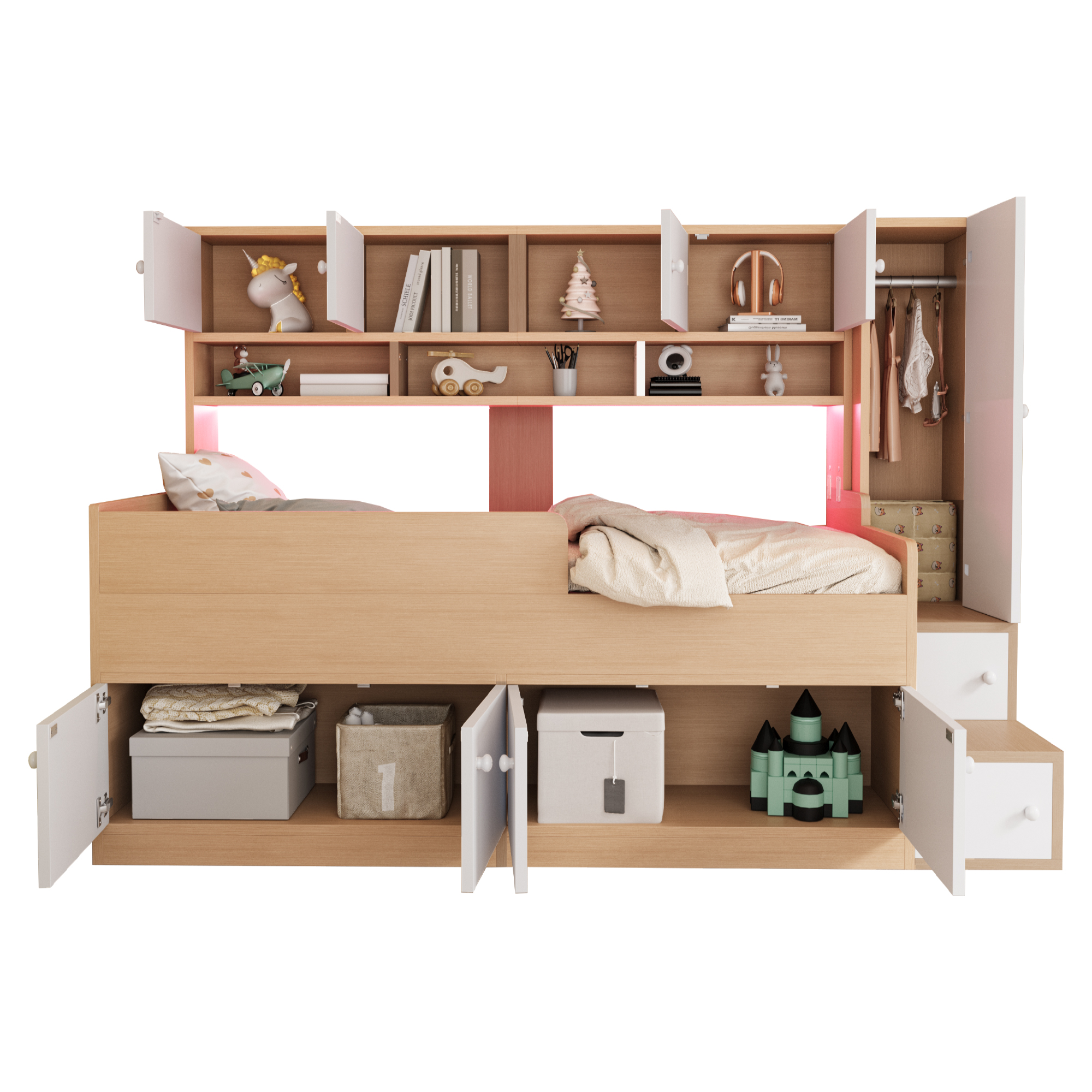 Lit enfant 90 x 200 cm avec rangements, armoire, échelle, LED et structure MDF bois naturel en situation