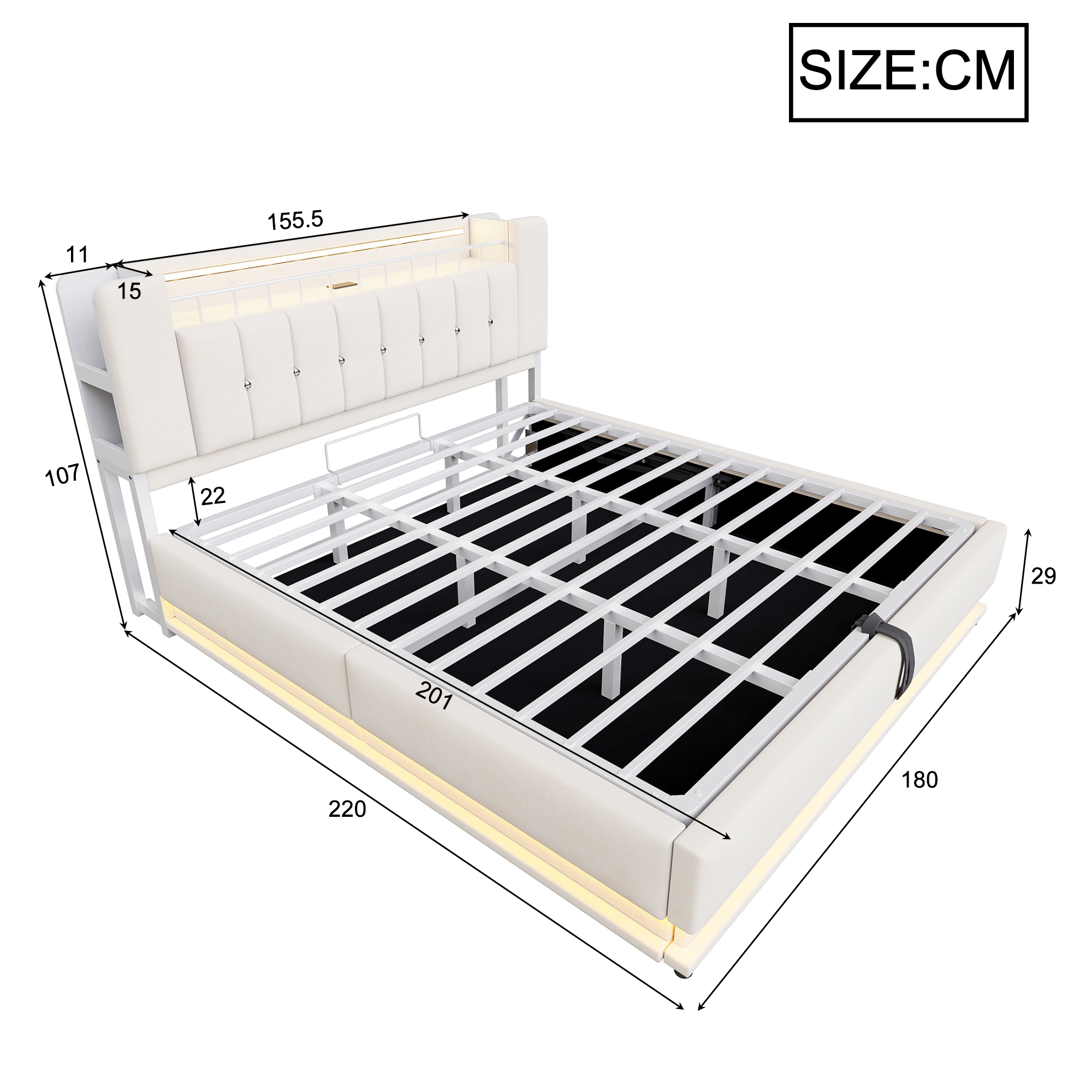 Fonctions de lit coffre 180x200 cm beige avec rangement hydraulique LED et USB