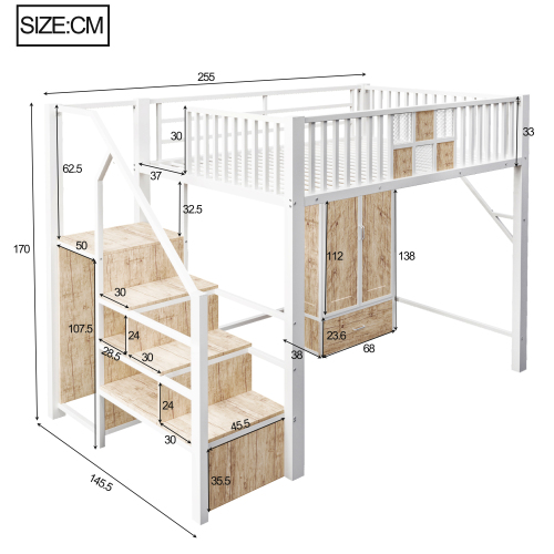 Schéma des dimensions du lit mezzanine avec armoire