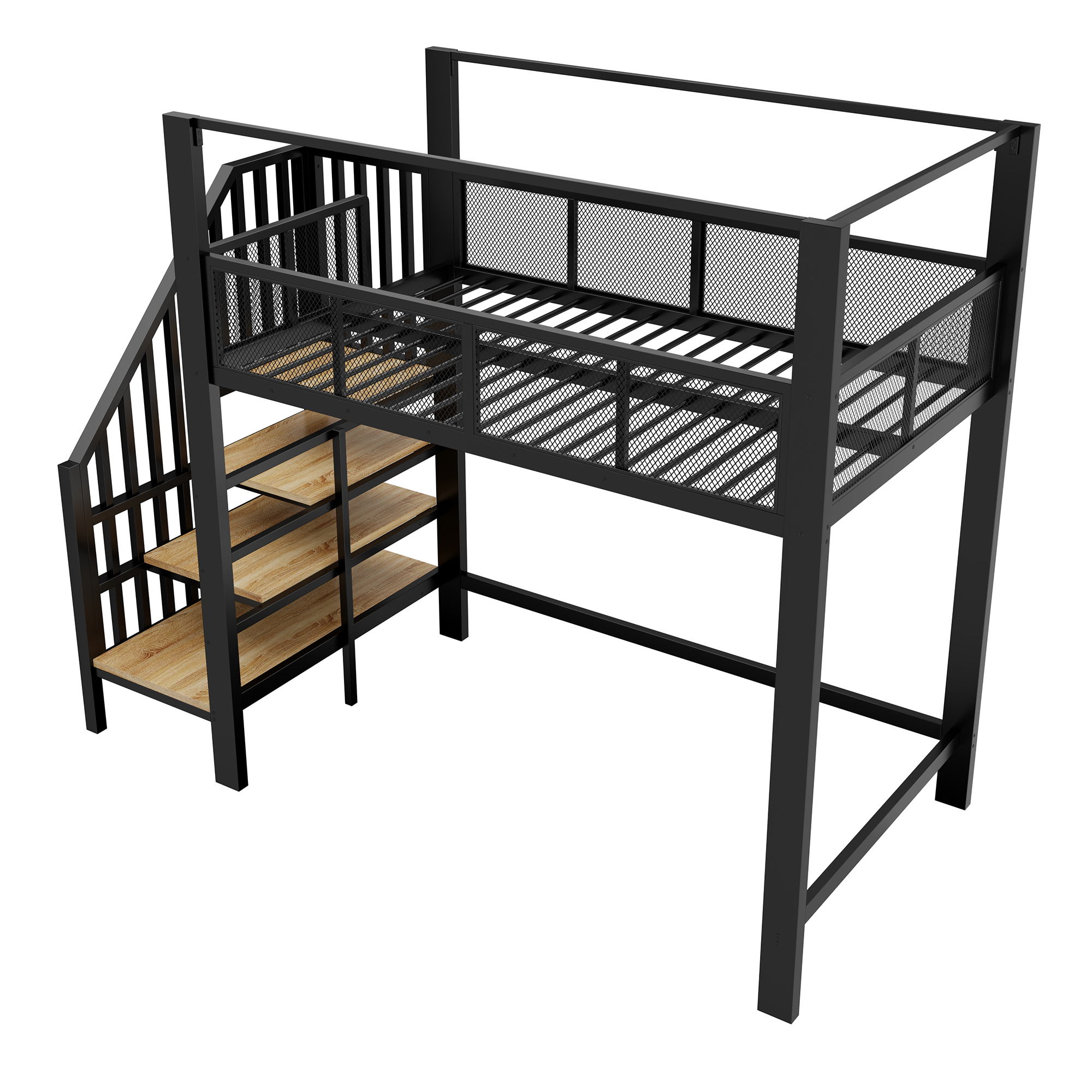 Lit mezzanine 90 x 200 cm, bureau intégré, escalier de rangement, baldaquin, garde-corps, métal, noir, 252,2 x 95,5 x 193 cm - points forts 1
