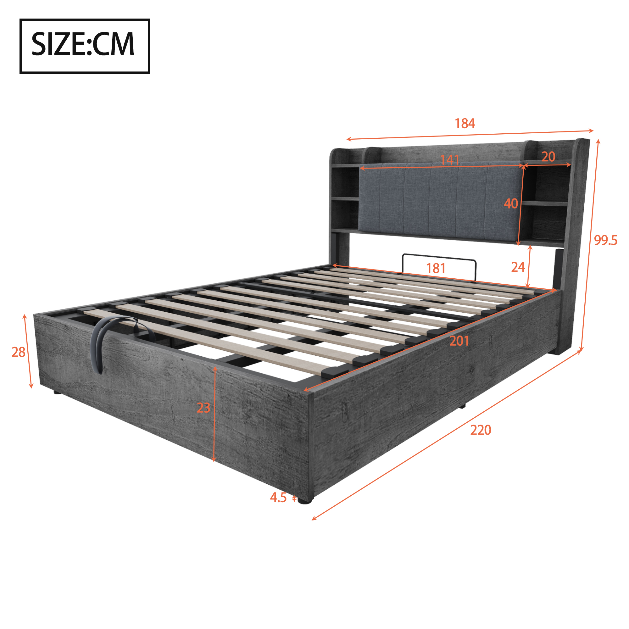 Lit coffre hydraulique 180 x 200 cm avec tête de lit à rangements, prises USB Type-C et structure MDF gris vue détaillée