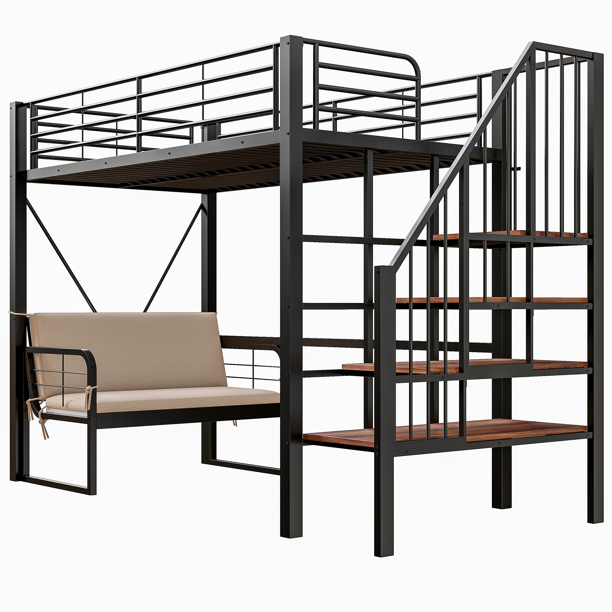 Dimensions et détails du lit superposé 90 x 200 cm avec canapé rembourré amovible, échelle de rangement et structure métal noir