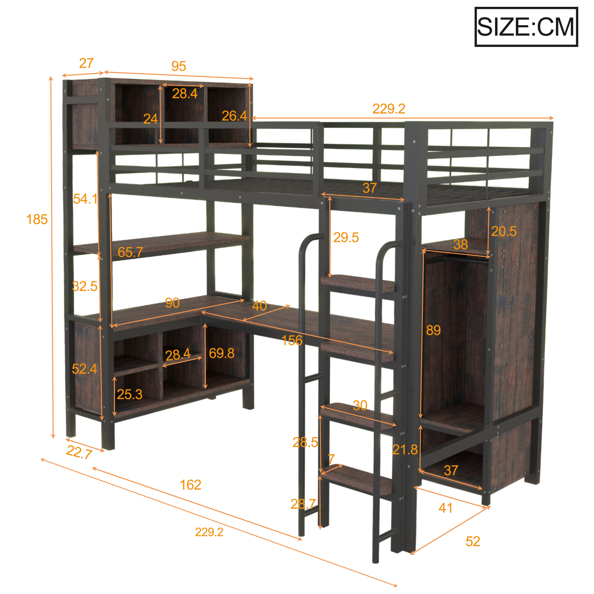 Lit mezzanine 90 x 200 cm, bureau intégré, penderie intégrée, éclairage LED au niveau du bureau, prise intégrée, métal, noir, 229,2 x 95 x 185 cm - vue complémentaire 1