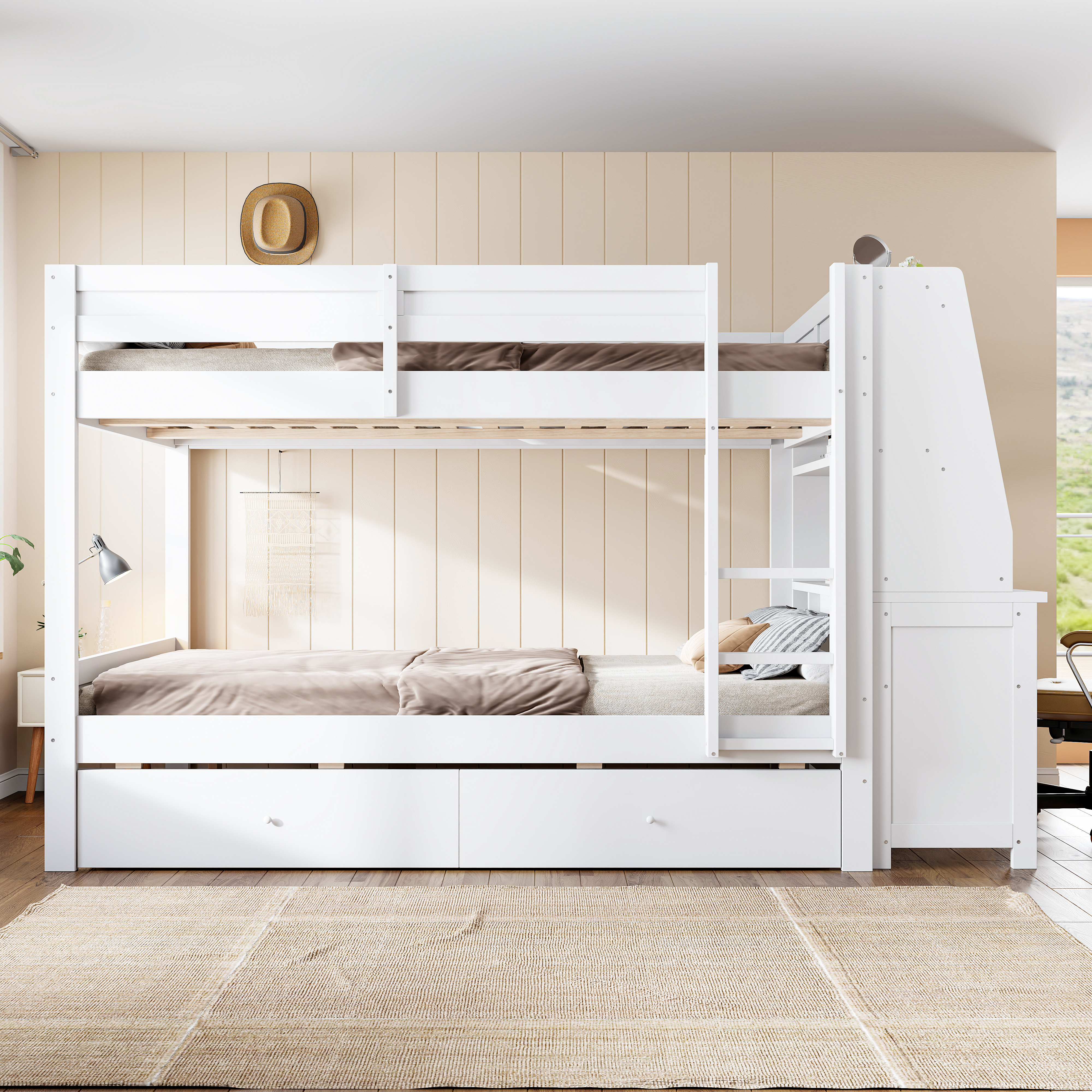 Lit superposé 140 x 200 cm, bureau intégré, échelle, 2 tiroirs, garde-corps, métal, blanc, 236 x 145 x 160 cm 🛏️🪜 - présentation 1