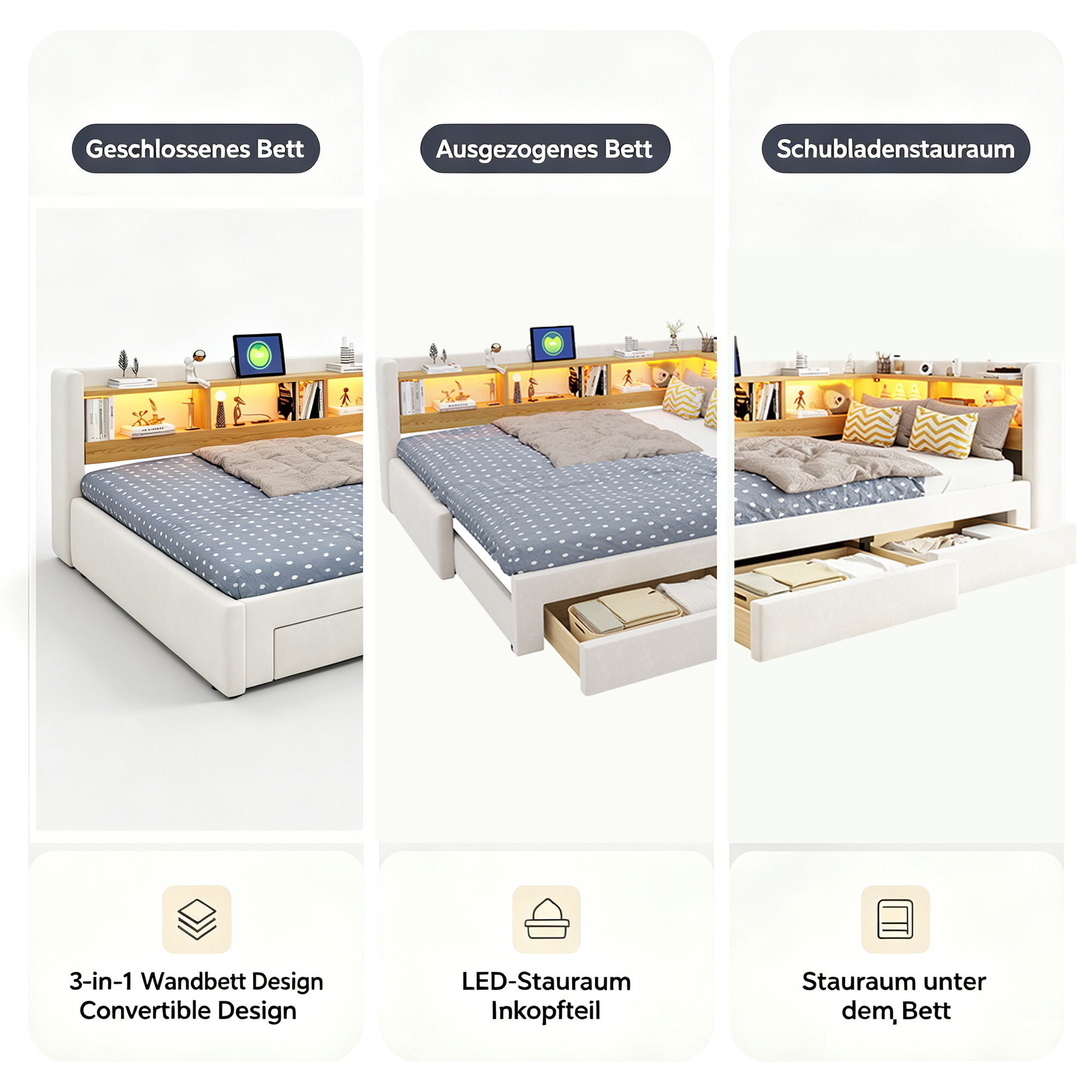 Canapé-Lit Convertible 3‑en‑1 – Confort, Rangement et Éclairage LED – Montage, livraison et éléments fournis
