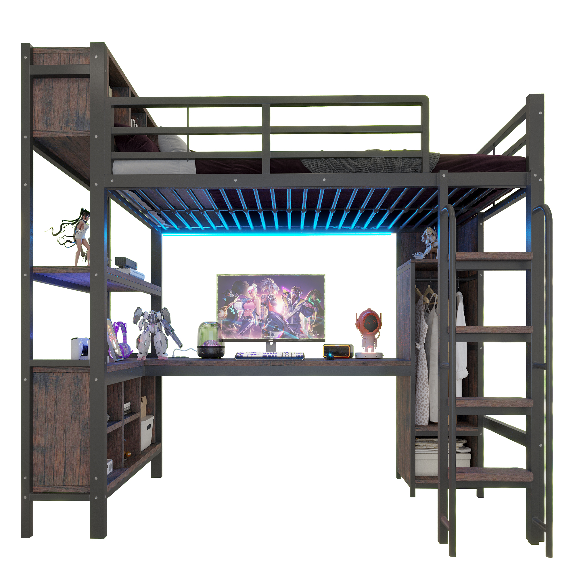Lit mezzanine 90 x 200 cm, bureau intégré, penderie intégrée, éclairage LED au niveau du bureau, prise intégrée, métal, noir, 229,2 x 95 x 185 cm - présentation 1